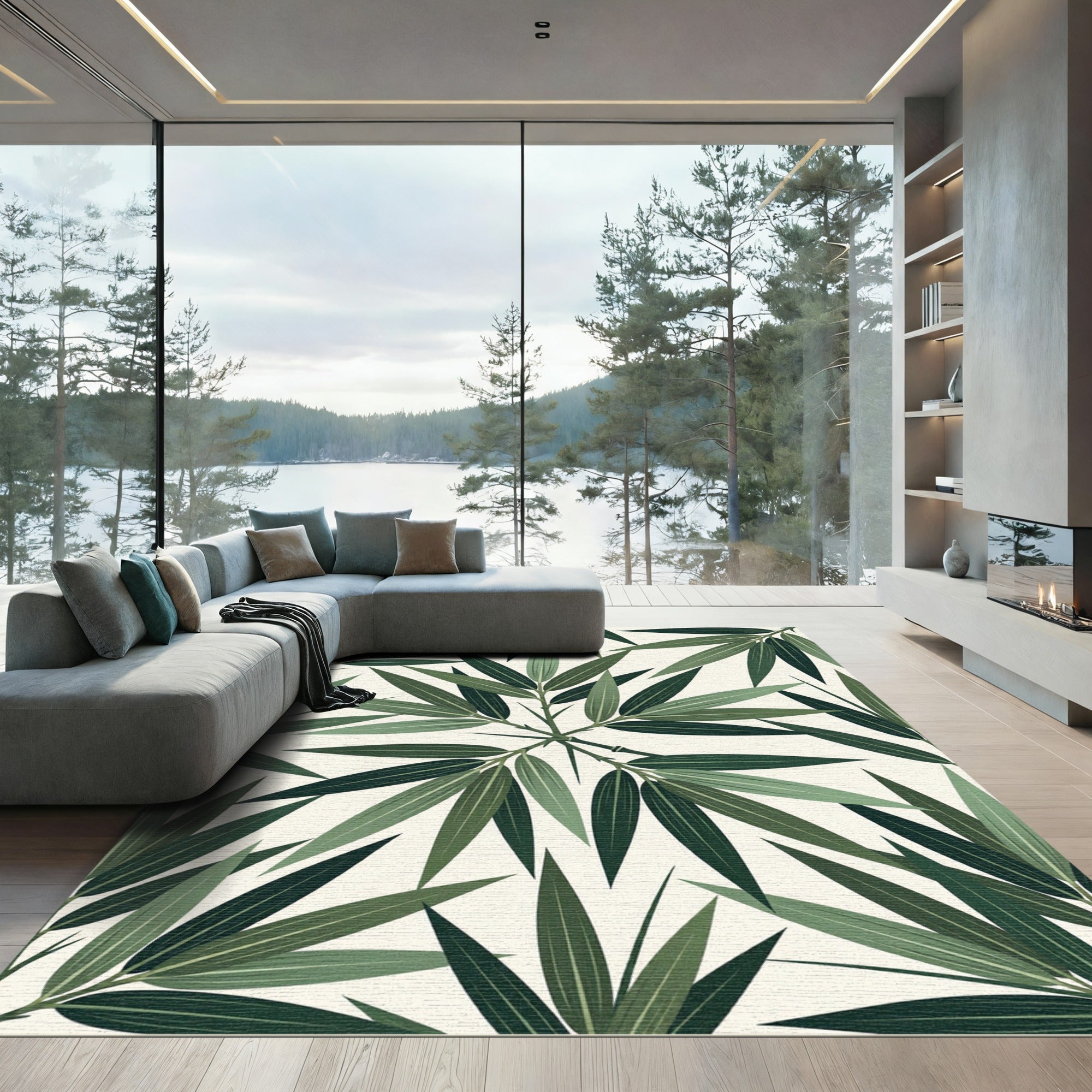 Lush Green Botanical Bamboo Leaf Rug
