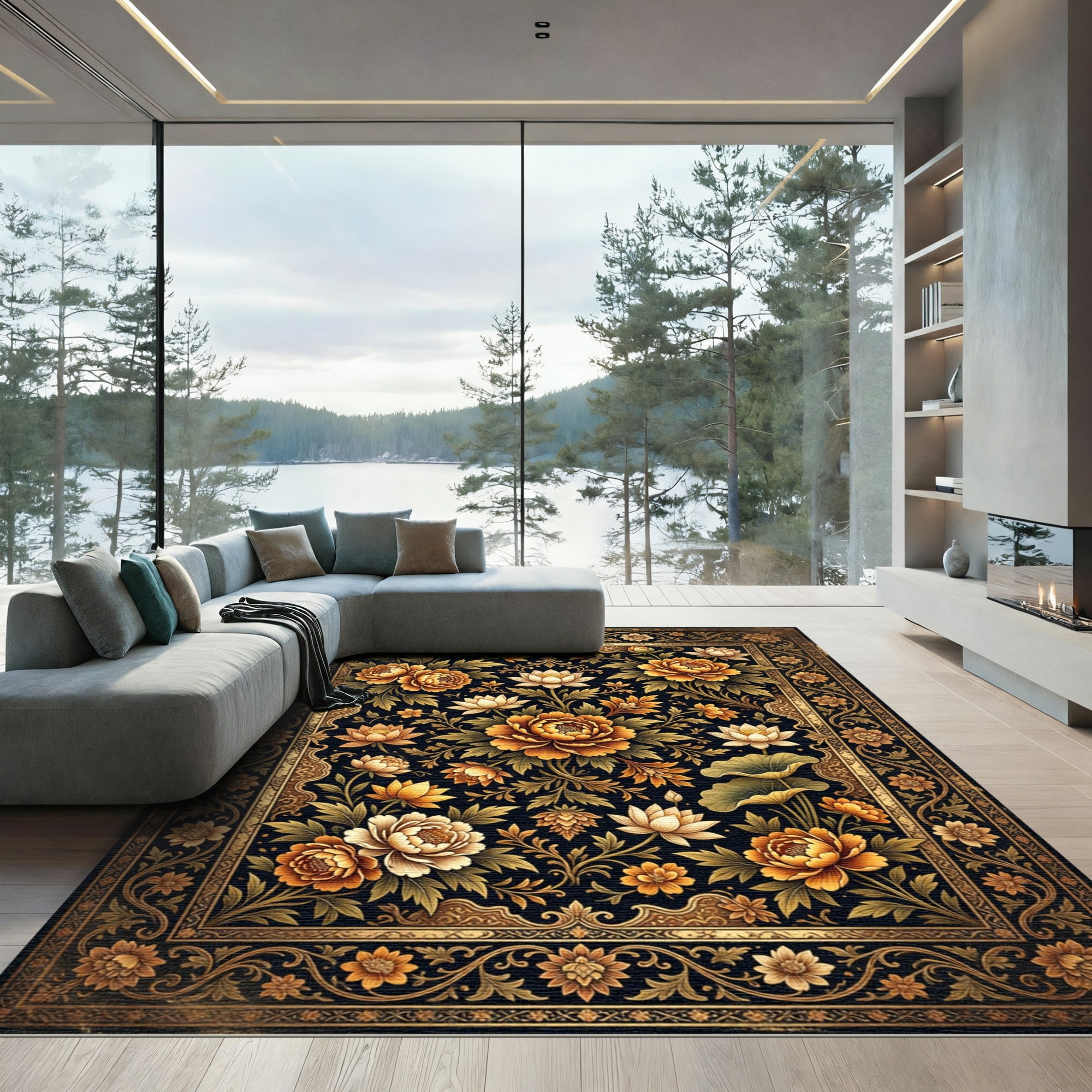 Golden Orange Floral Medallion Dark Rug