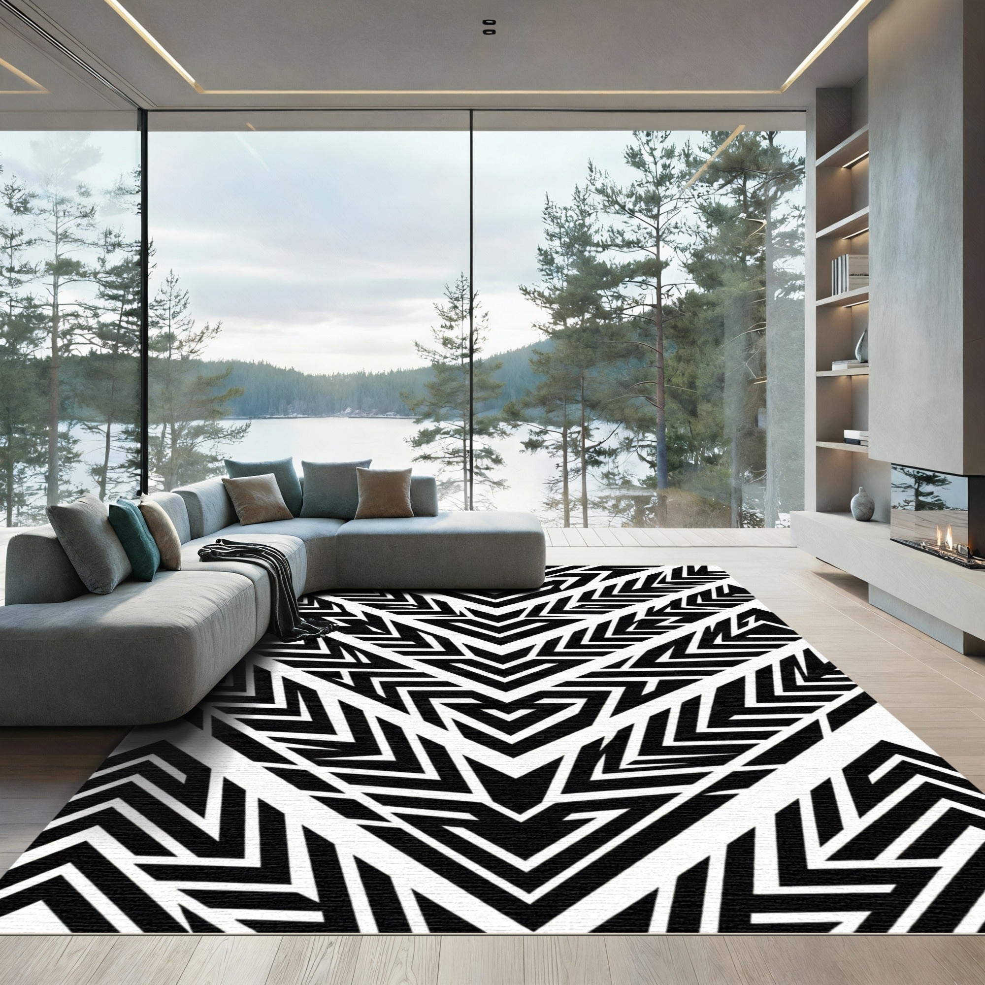 Bold Black Geometric Chevron Rug