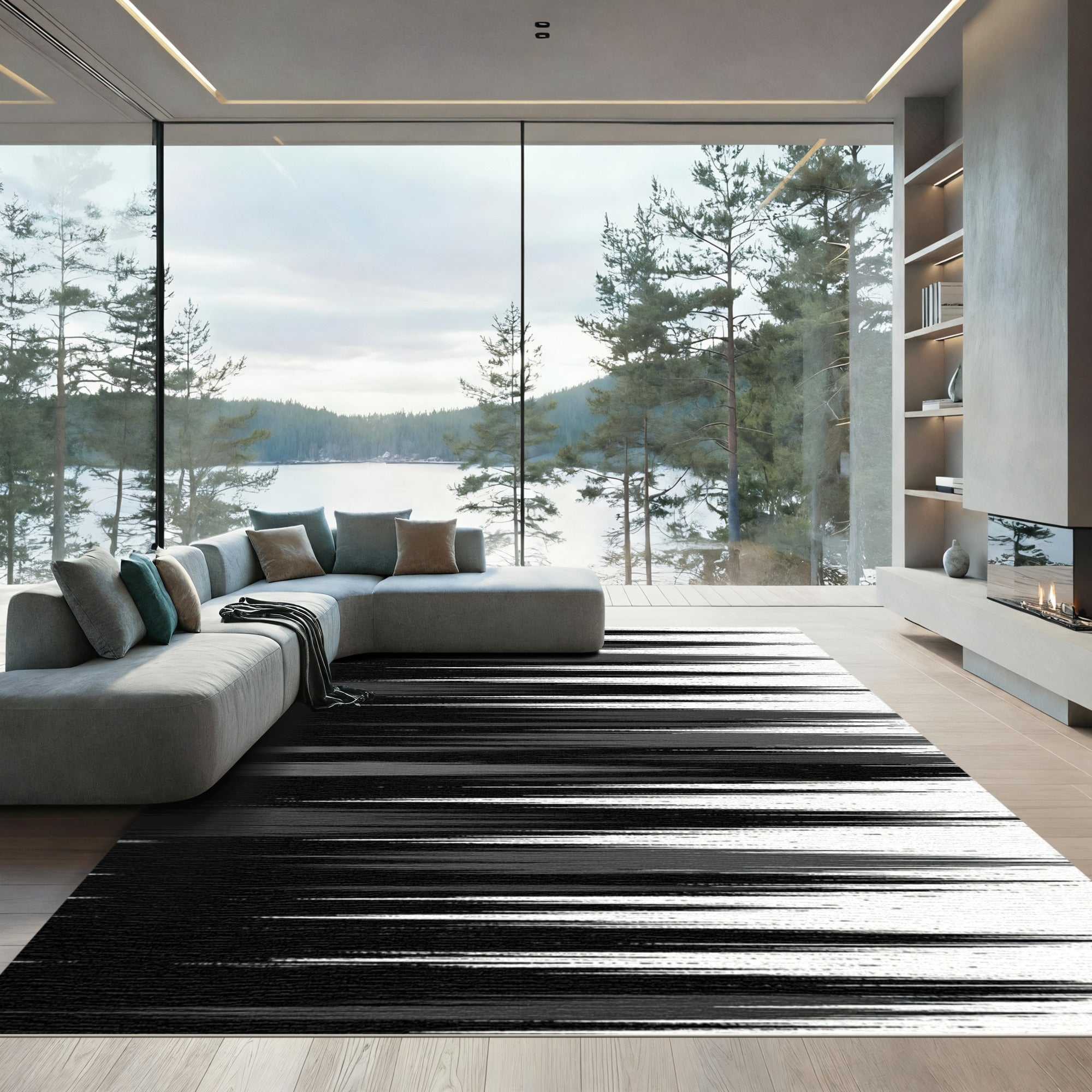 Minimalist Black and White Streaked Motion Rug