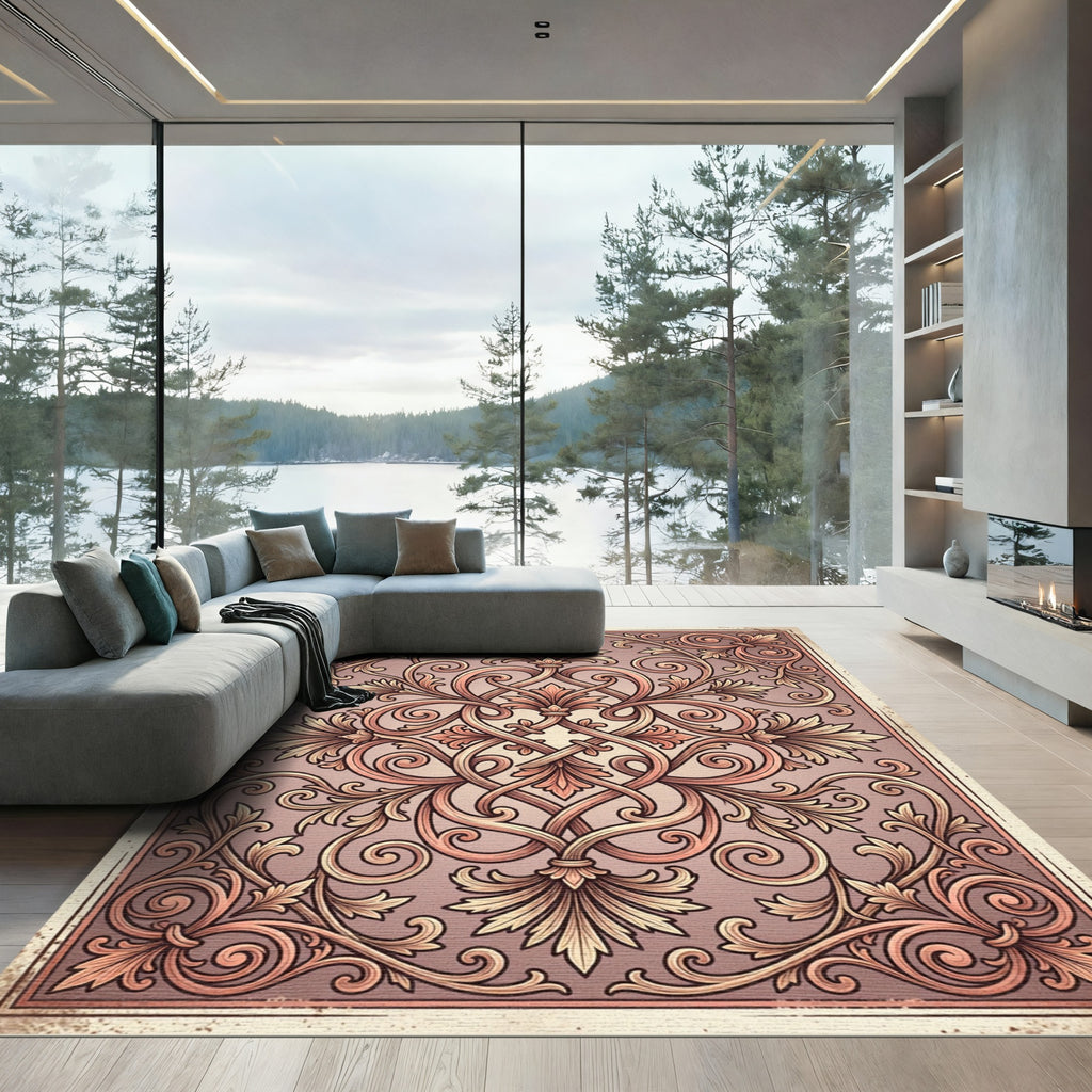 Ornate Rose Gold Scrollwork Foliage Rug