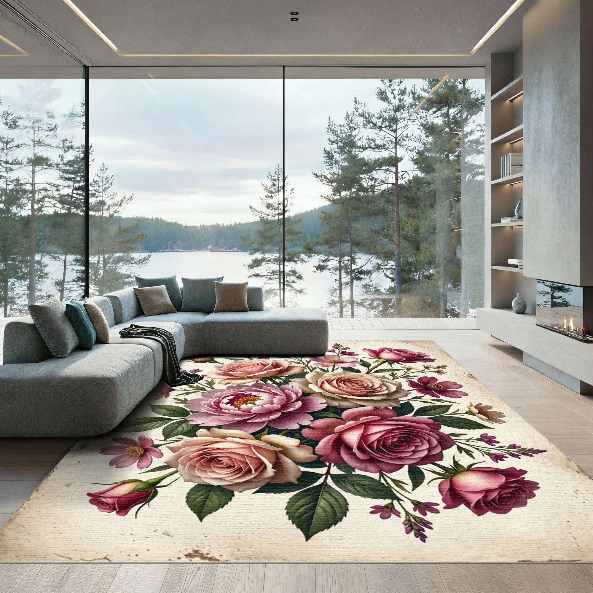 Vintage Pink Rose Floral Arrangement Rug