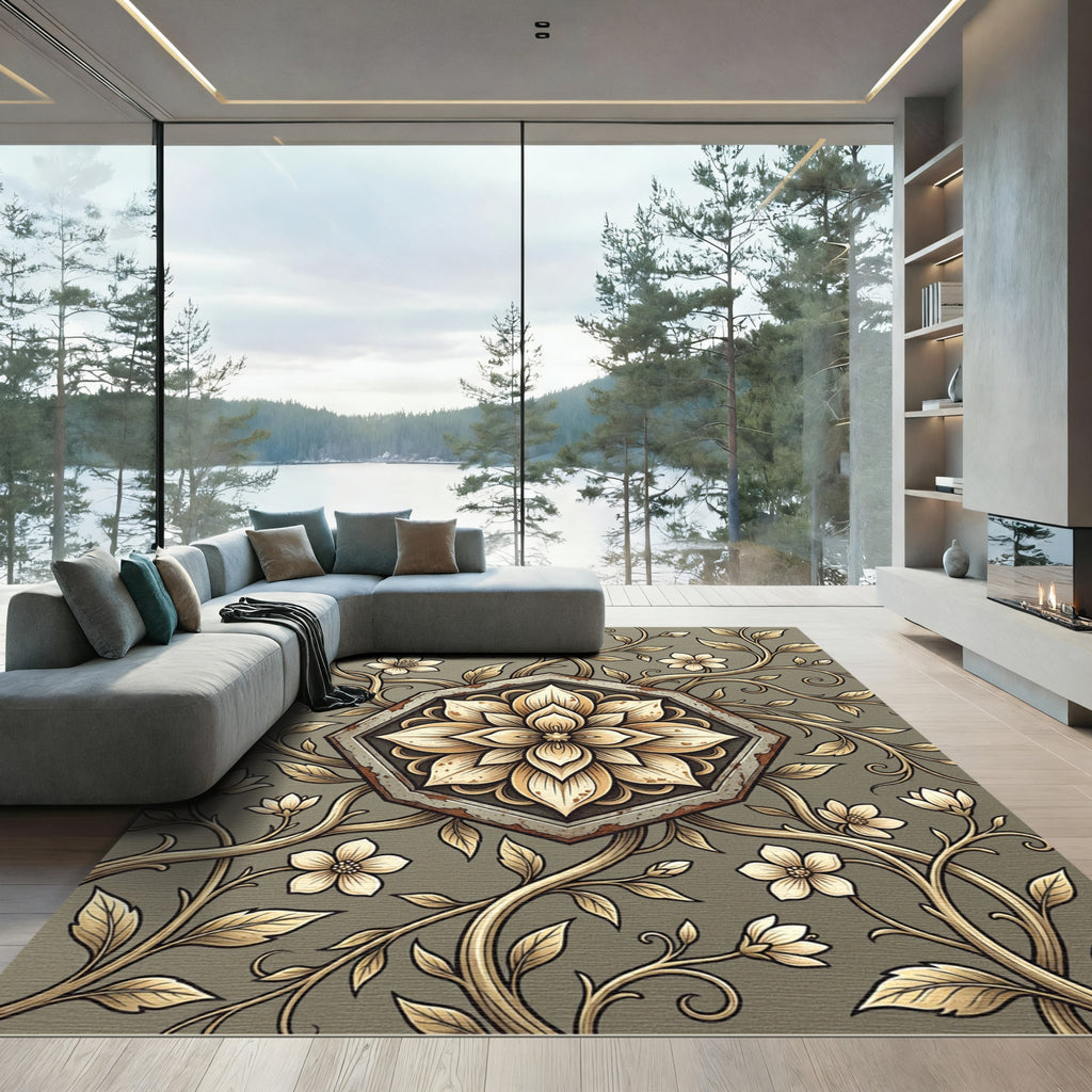 Elegant Golden Floral Hexagon Medallion Rug