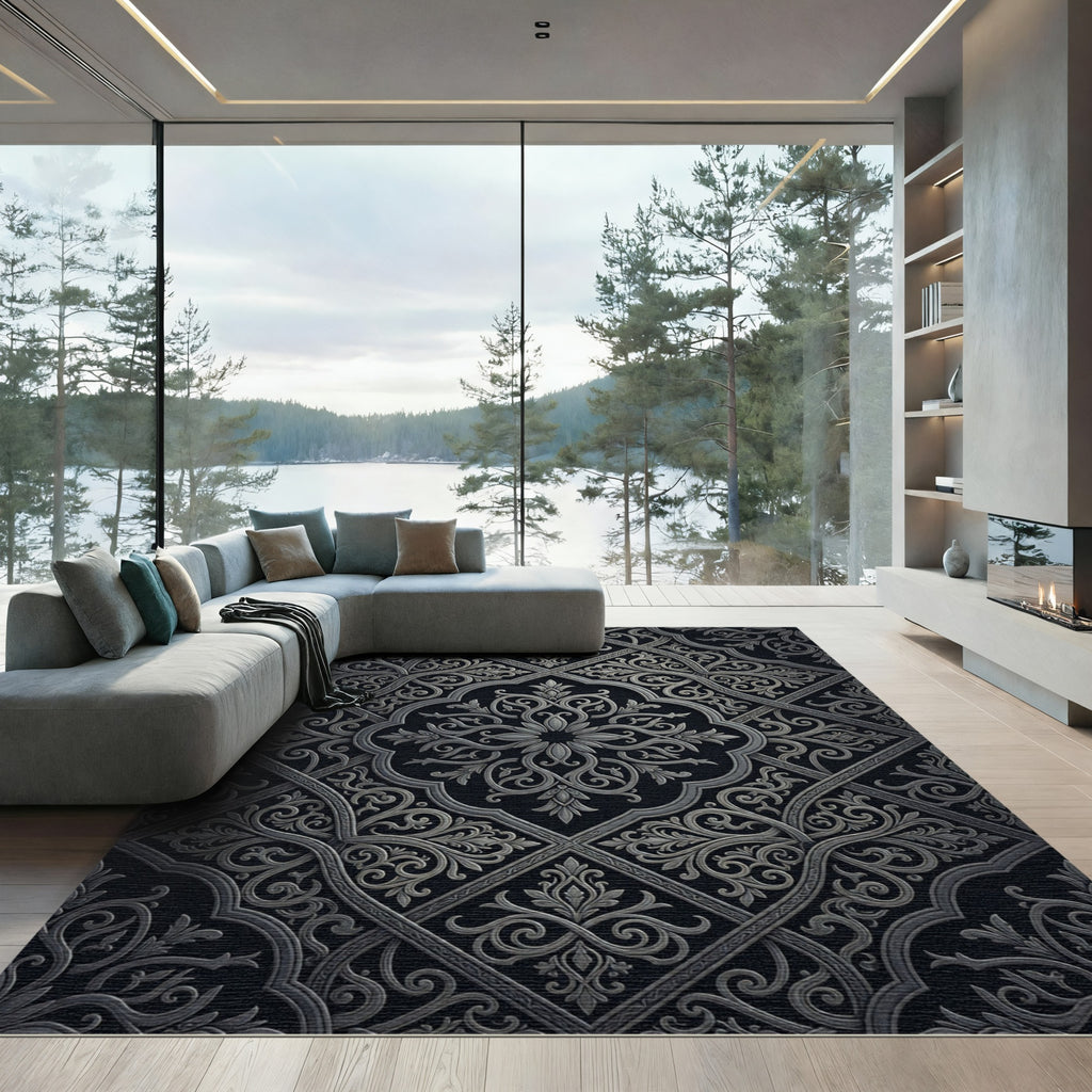 Ornate Gray Floral Medallion Lattice Rug
