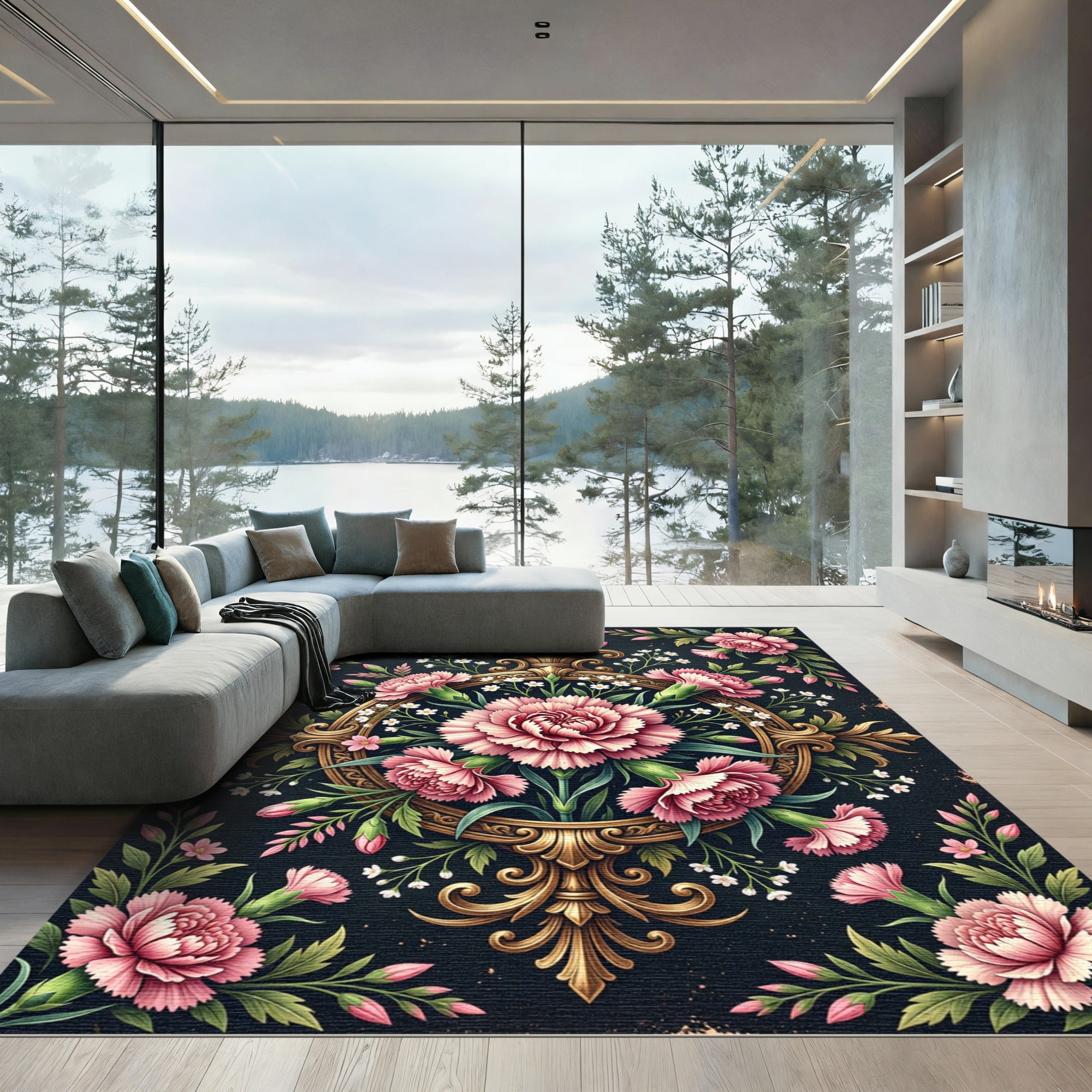 Vintage Pink Carnation Golden Medallion Rug