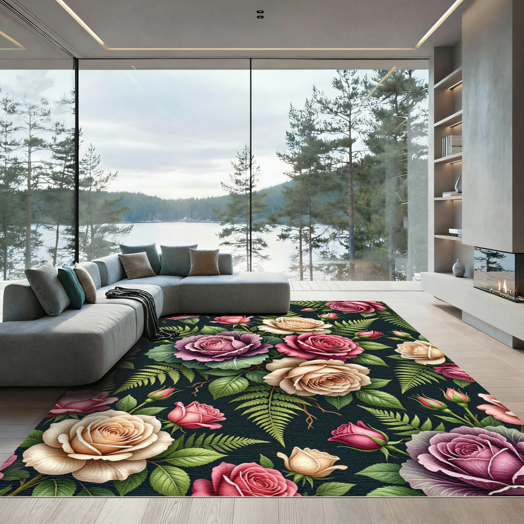 Elegant Moody Rose and Fern Bouquet Rug