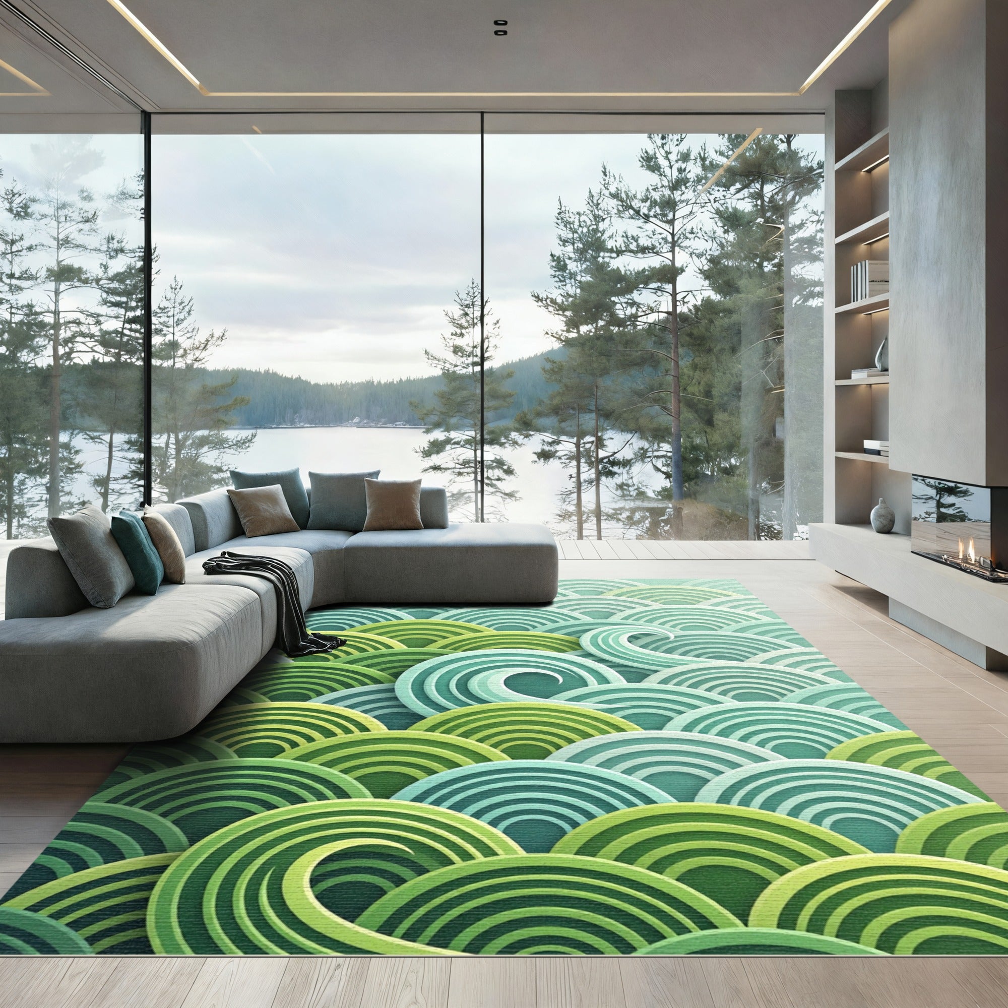 Green Aqua Layered Wave Composition Rug