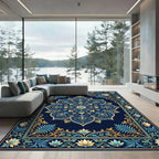Deep Blue Golden Lotus Mandala Rug