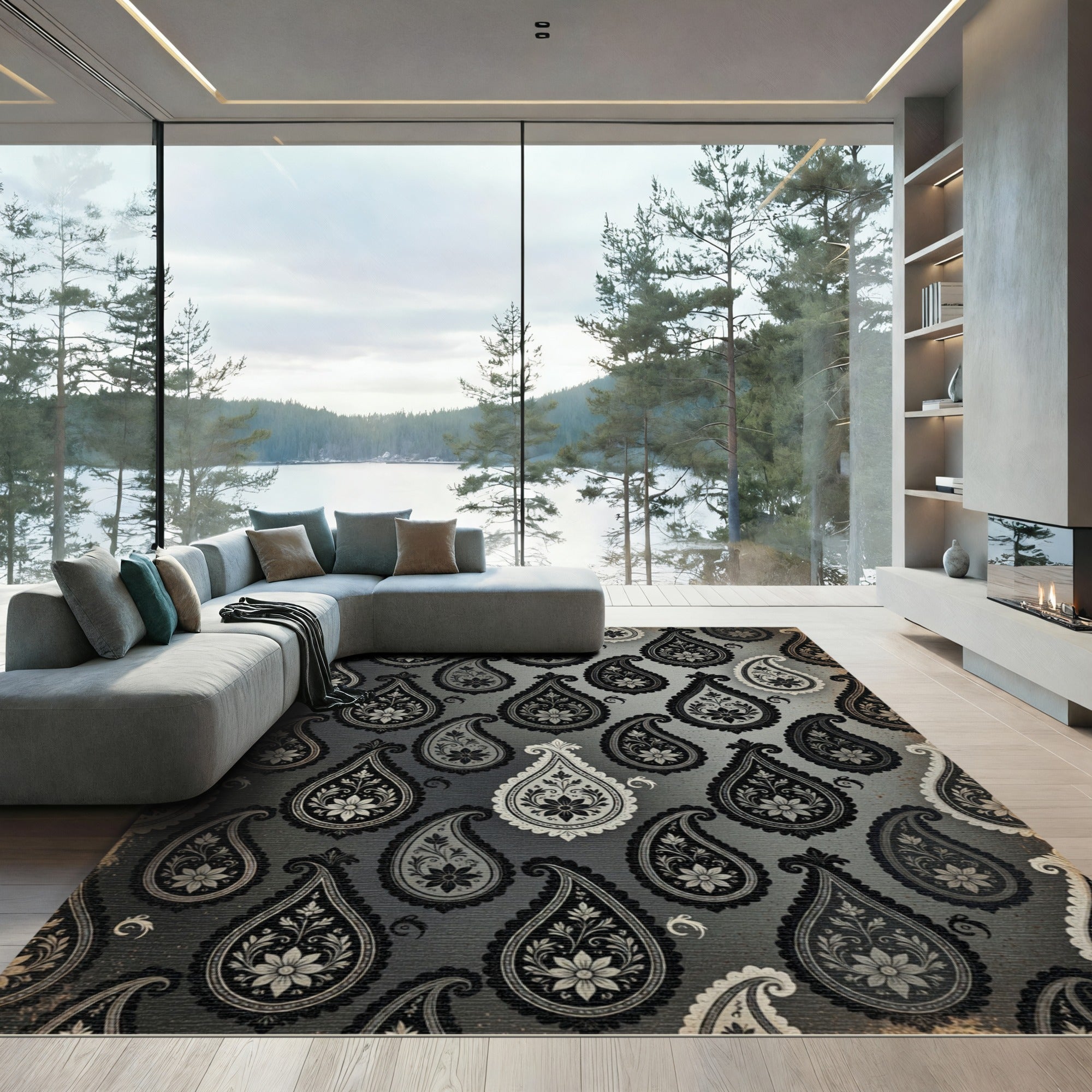 Monochromatic Gray Paisley Floral Medallion Rug