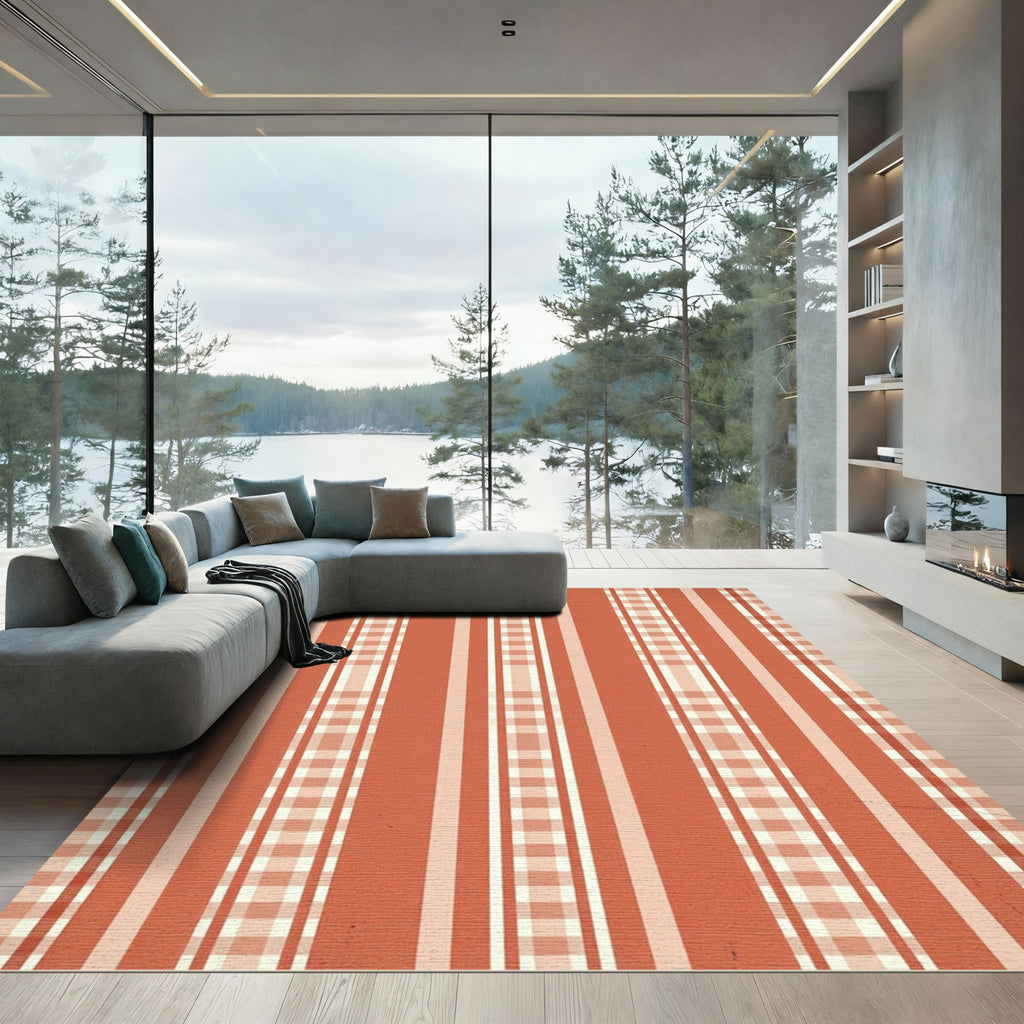 Terracotta Gingham Stripe Combination Rug
