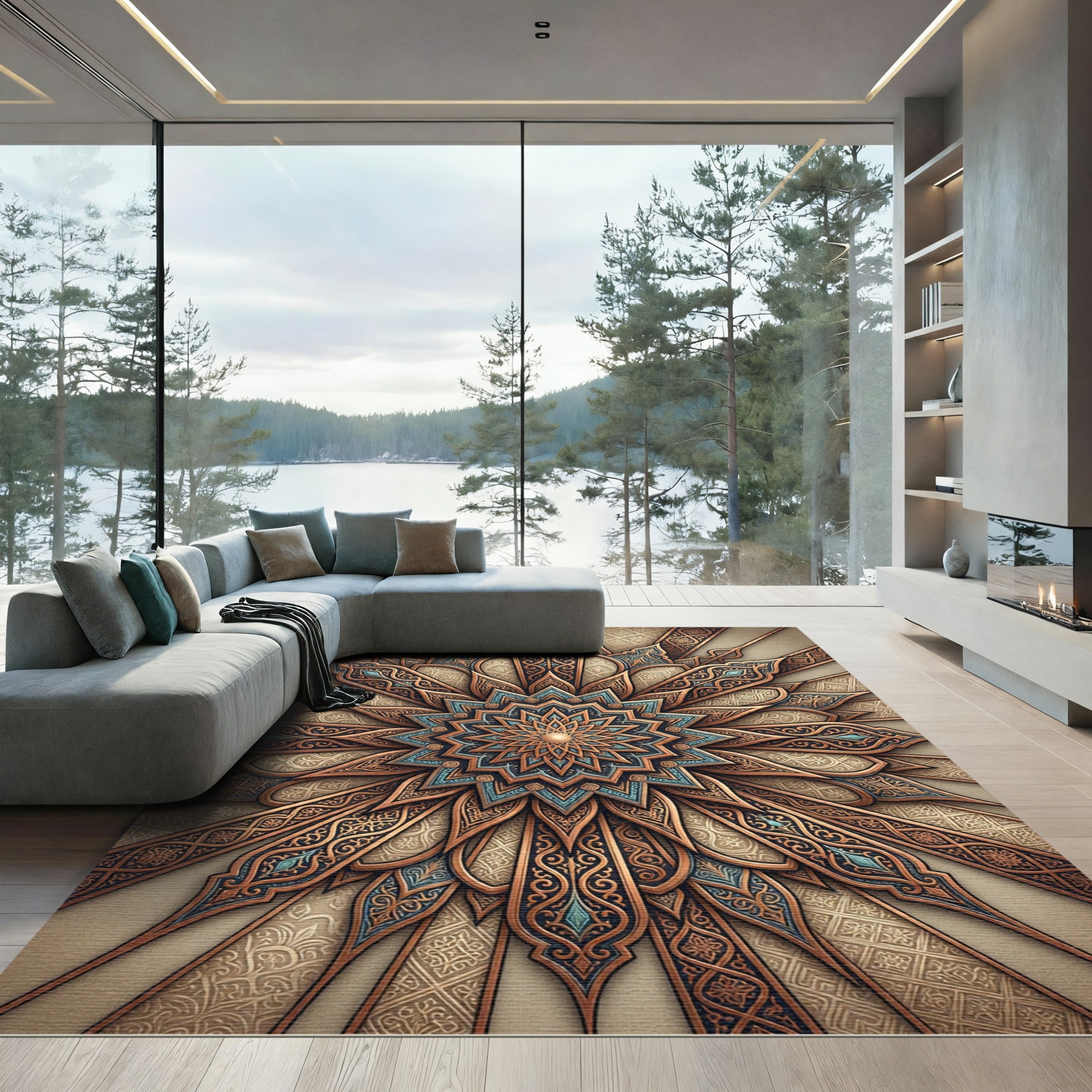 Intricate Teal Bronze Sunburst Medallion Rug
