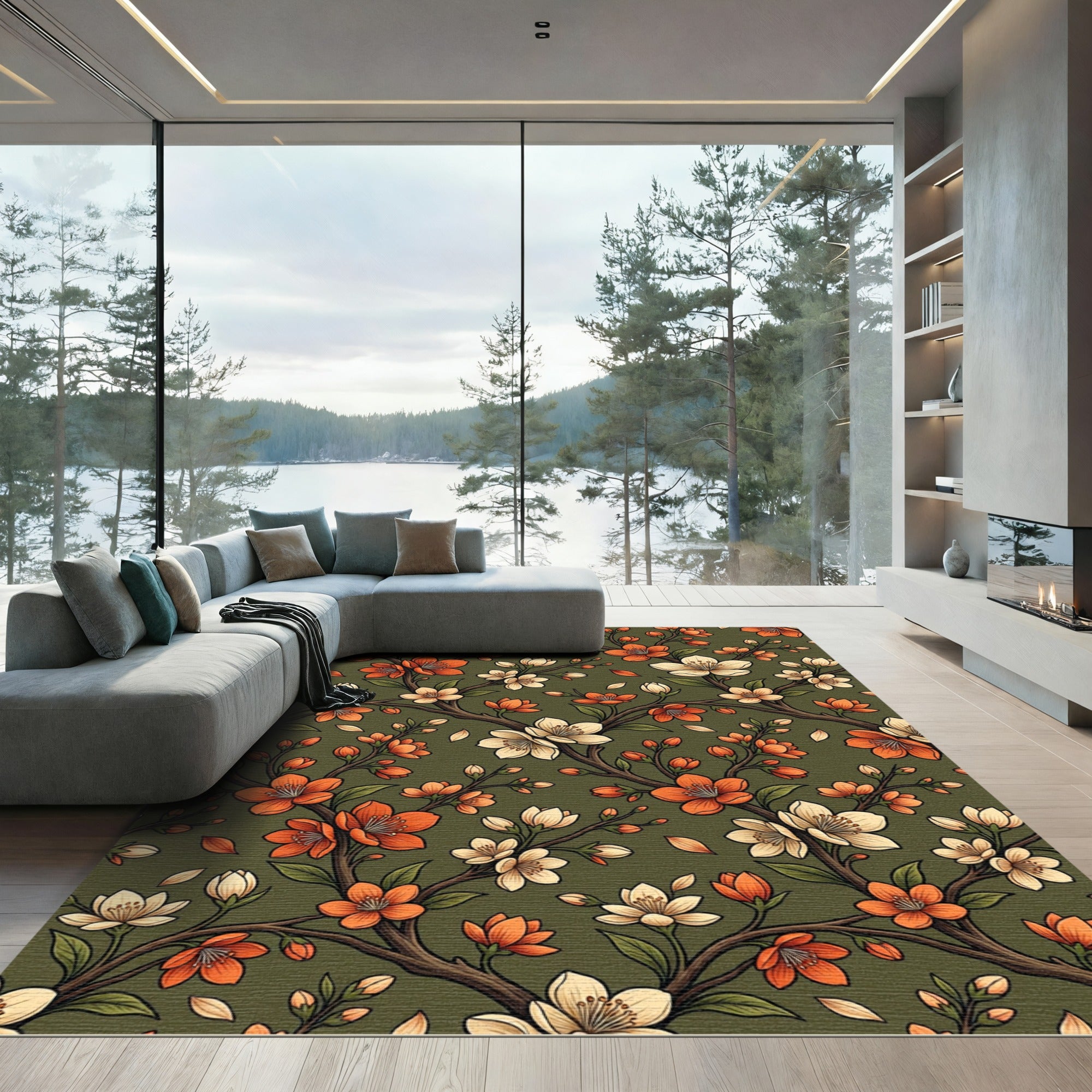 Vibrant Orange White Blossom Branches Rug
