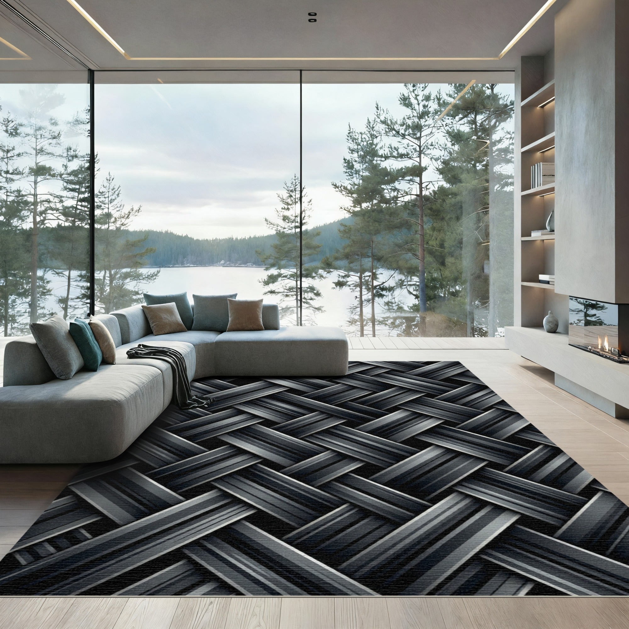 Dark Gray Woven Stripe Texture Rug