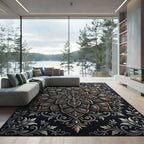 Ornate Black Golden Floral Medallion Rug