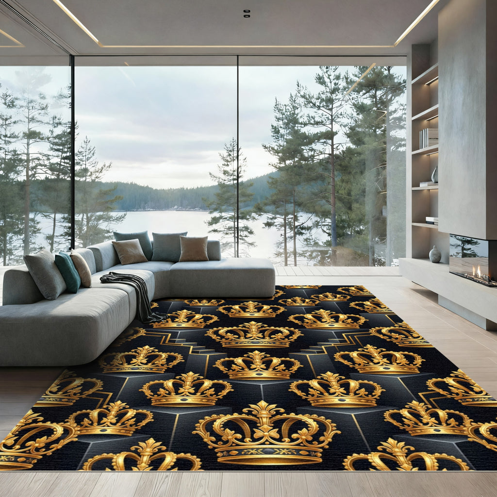 Luxurious Golden Crown Black Isometric Mural Rug