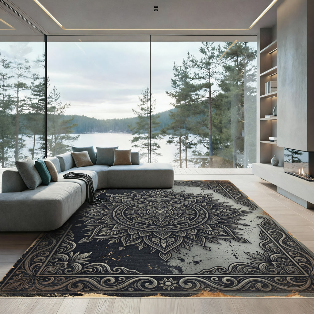Monochrome Intricate Mandala Floral Frame Rug