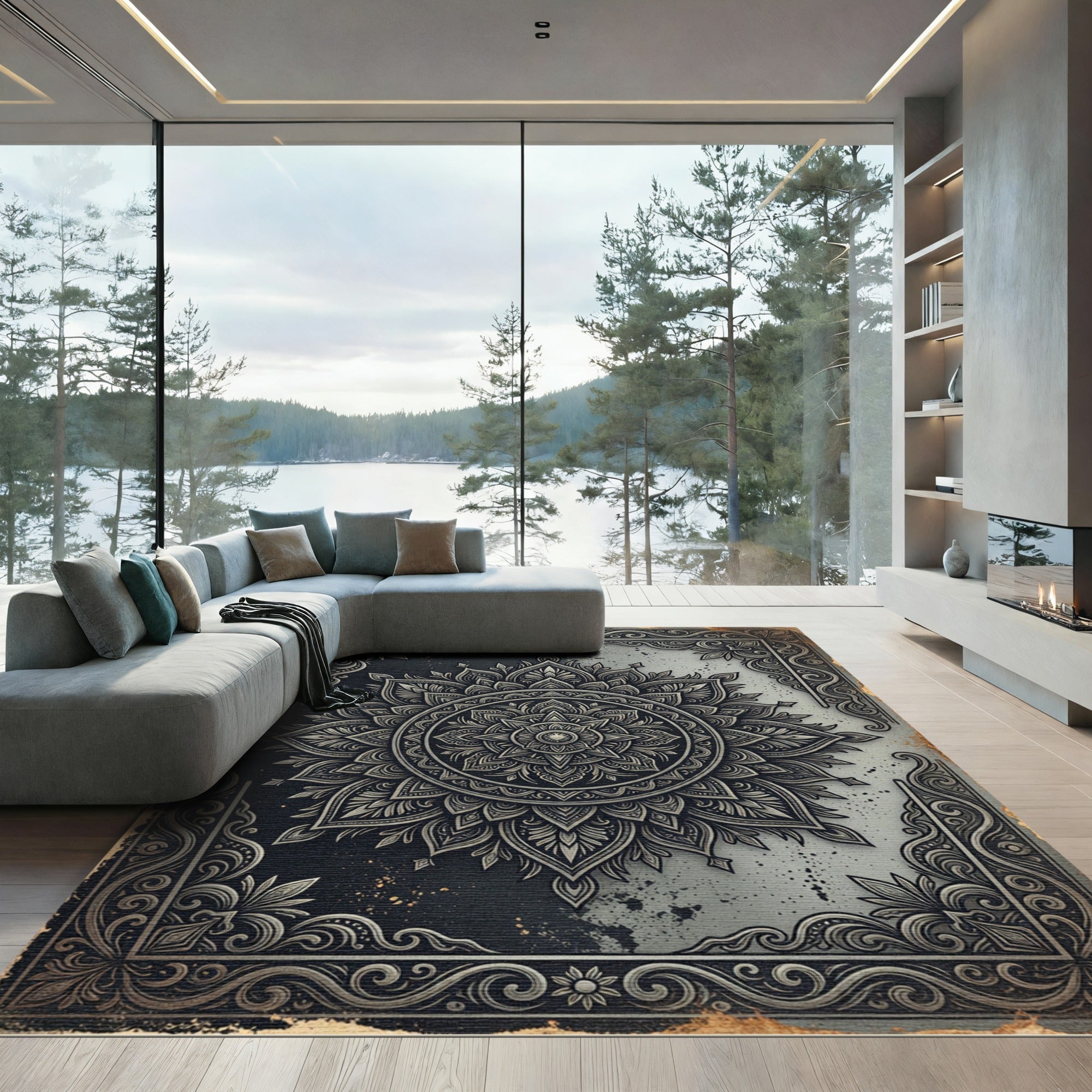 Monochrome Intricate Mandala Floral Frame Rug