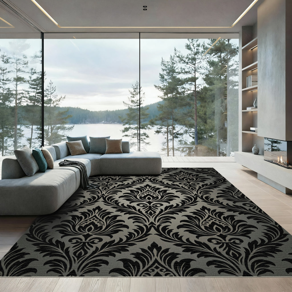 Black and Gray Damask Floral Rug