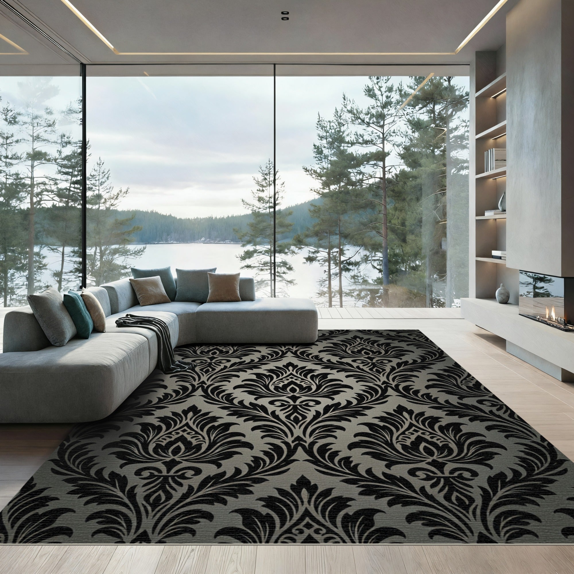 Black and Gray Damask Floral Rug