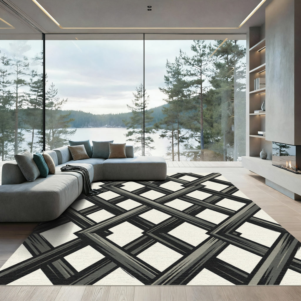 Modern Charcoal Intersecting Lattice Grid Rug