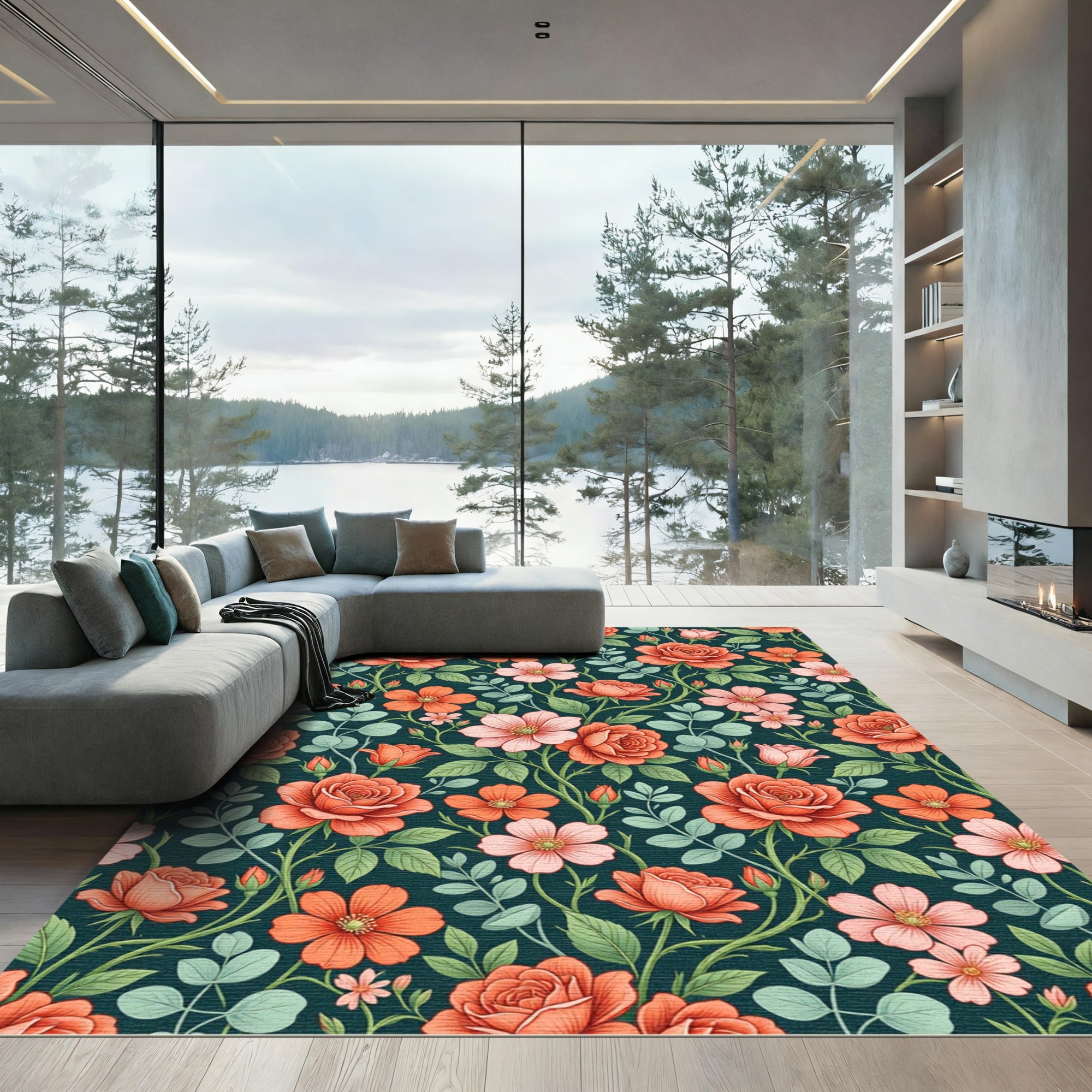 Dark Botanical Rose Floral Meadow Rug