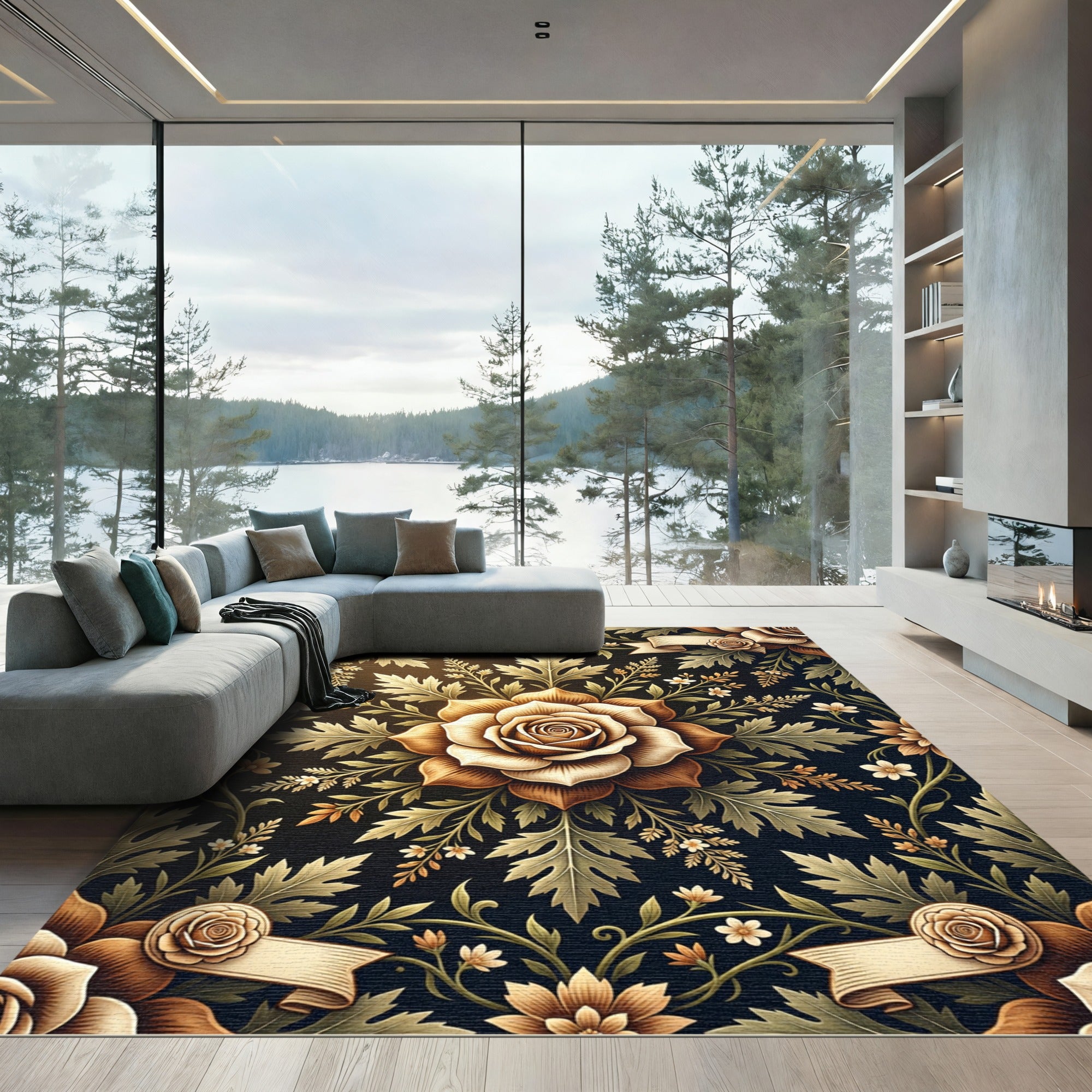 Vintage Golden Rose Botanical Scroll Rug
