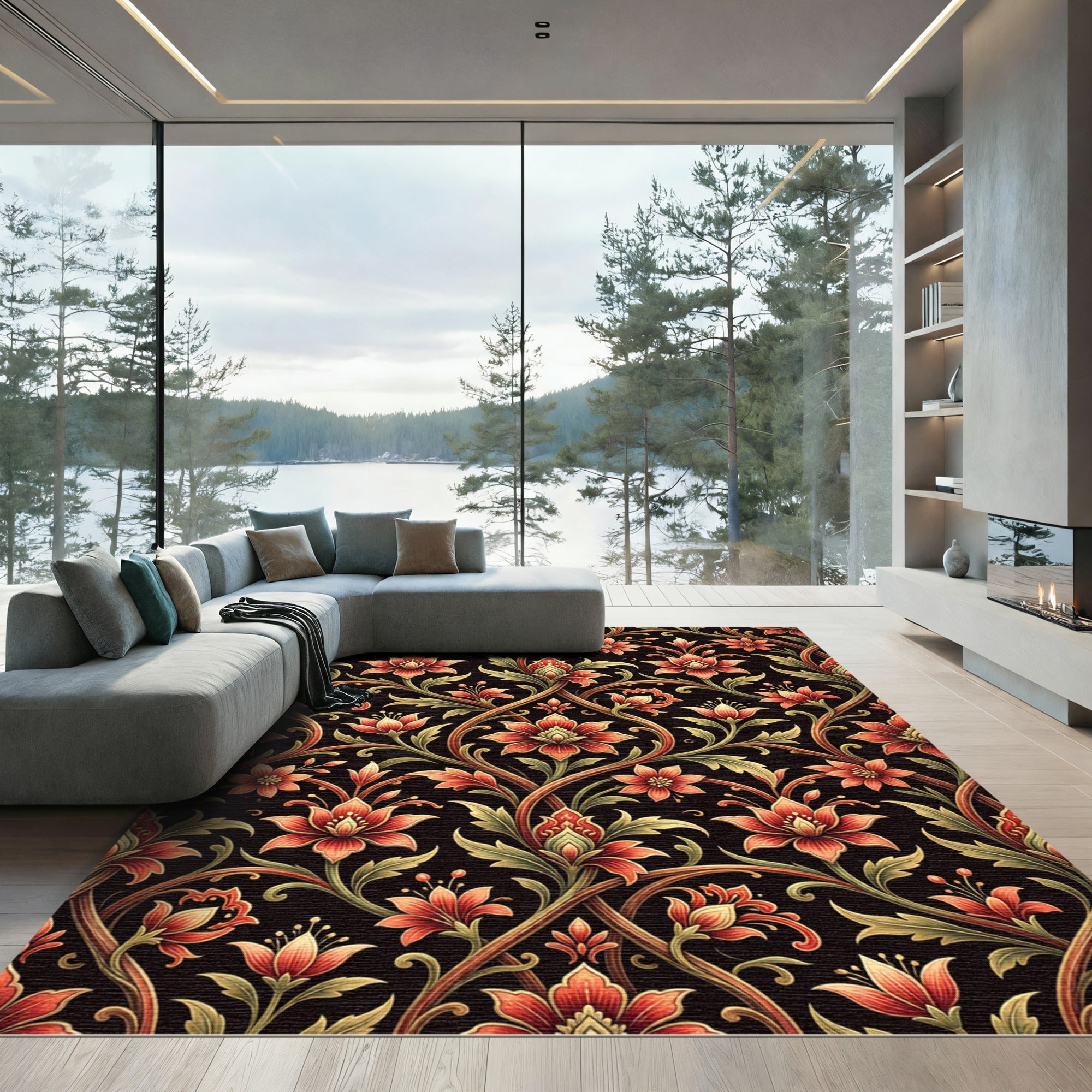 Ornate Crimson Floral Vine Scroll Rug