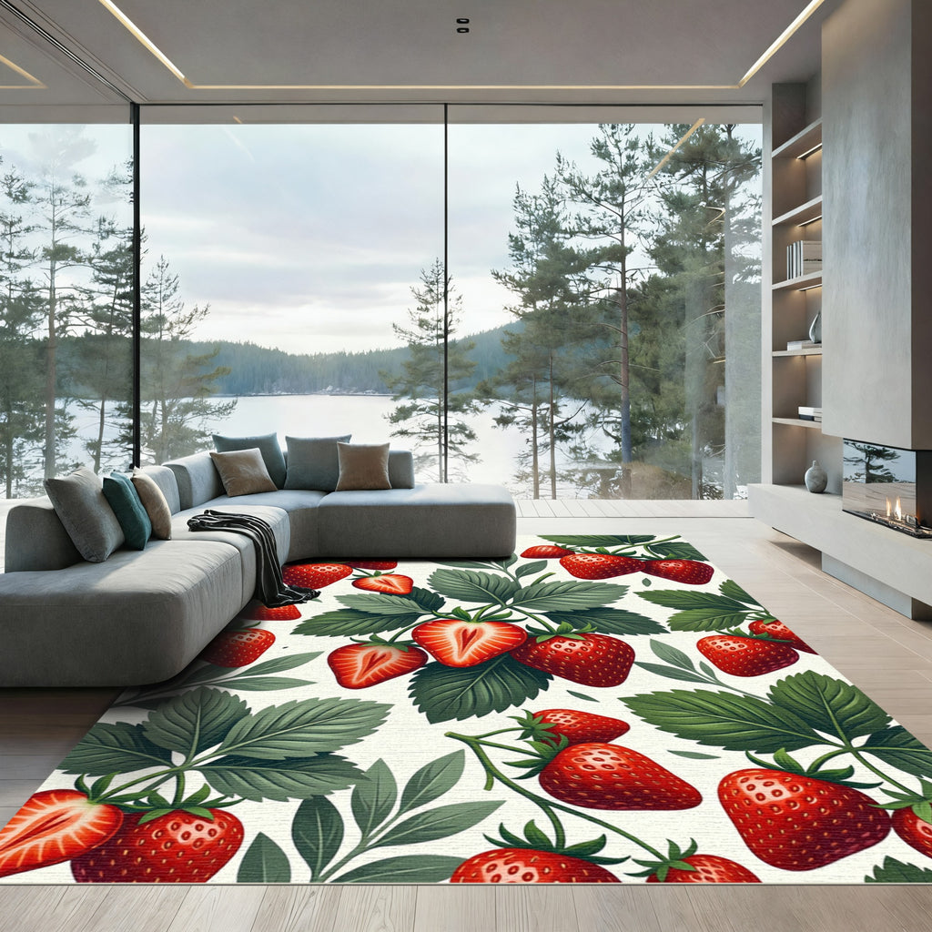 Vibrant Red Strawberry Botanical Art Rug