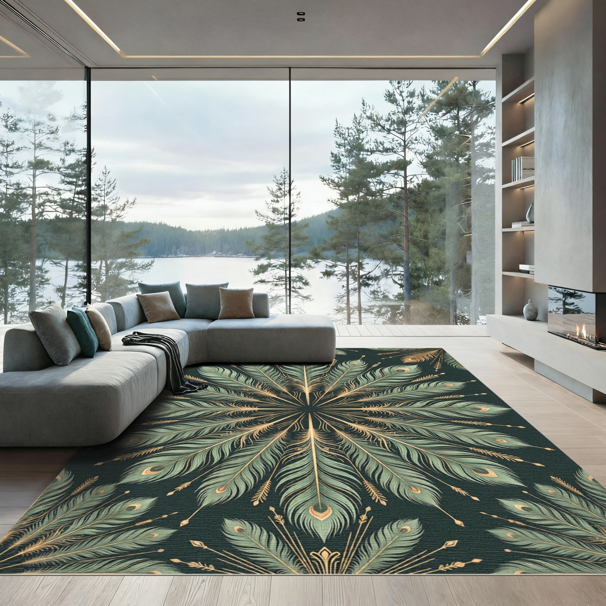 Emerald Gold Peacock Feather Fan Rug