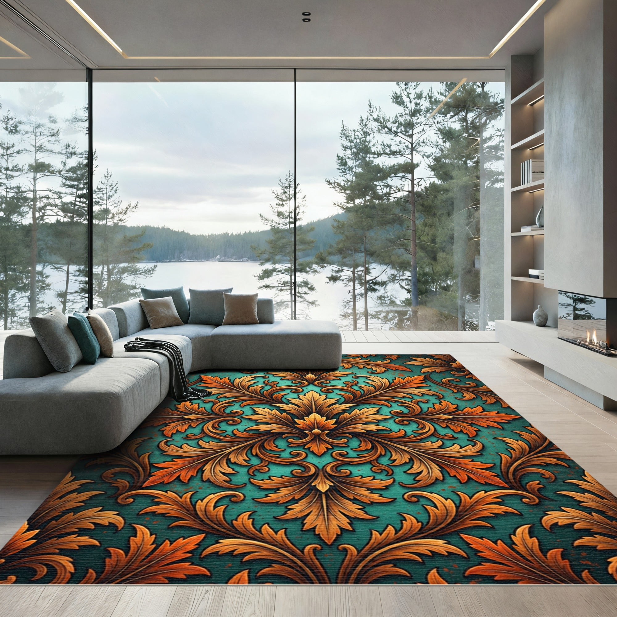 Ornate Golden Acanthus Teal Damask Rug