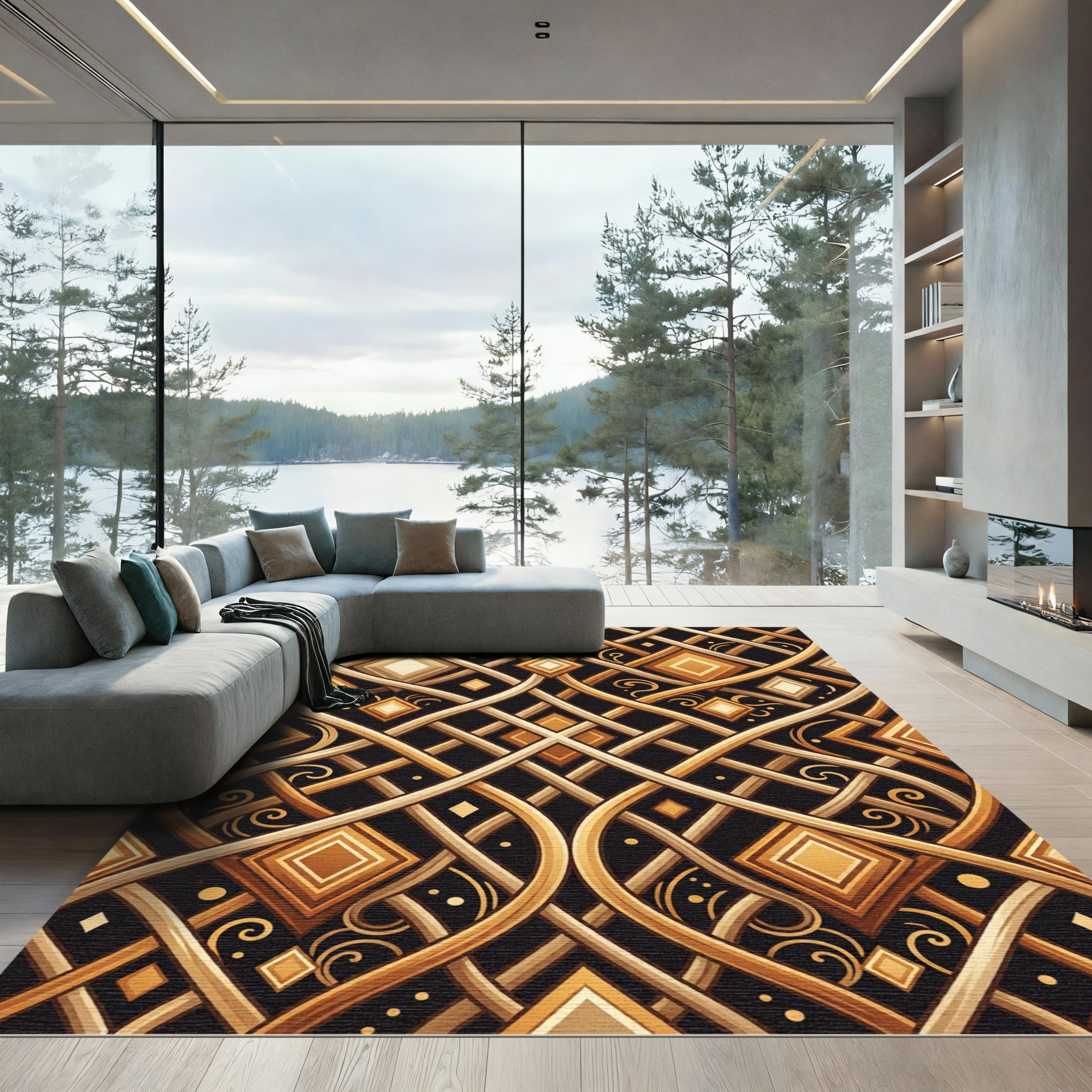 Gold Geometric Lattice Art Deco Rug