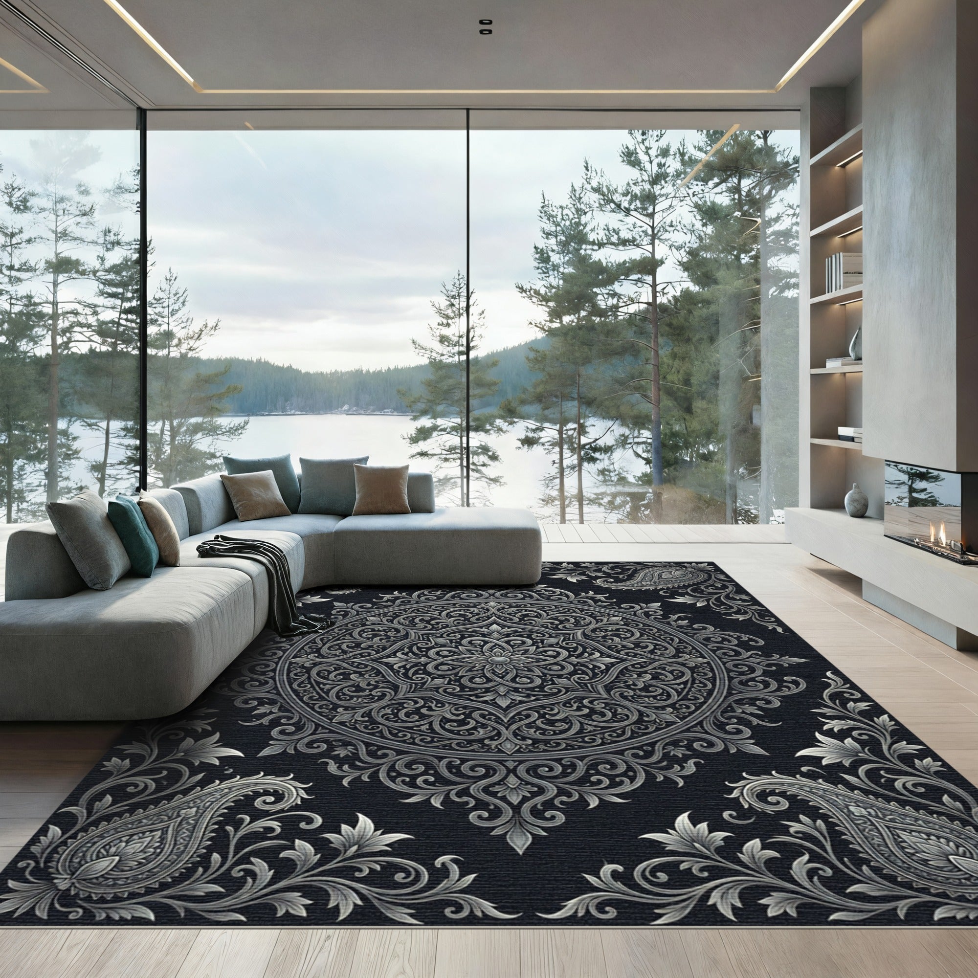 Ornate Silver Paisley Mandala Rug