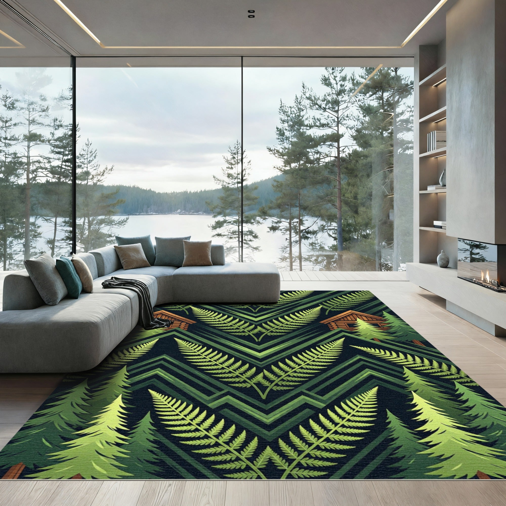 Forest Cabin Fern Geometric Landscape Rug