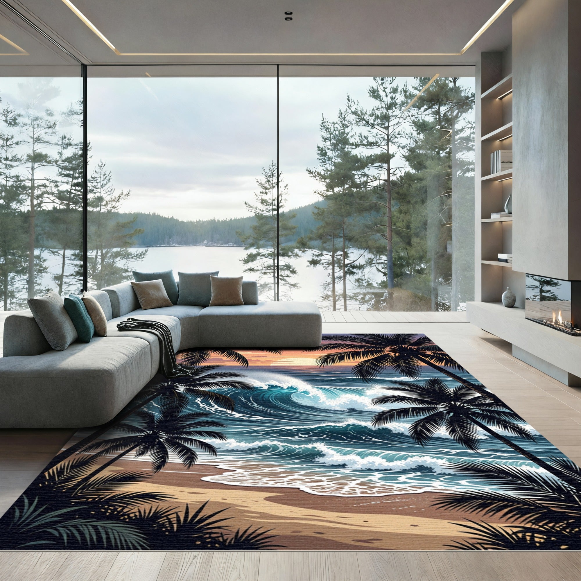 Tropical Sunset Palm Tree Ocean Wave Rug