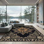 Ornate Gold Black Floral Medallion Rug