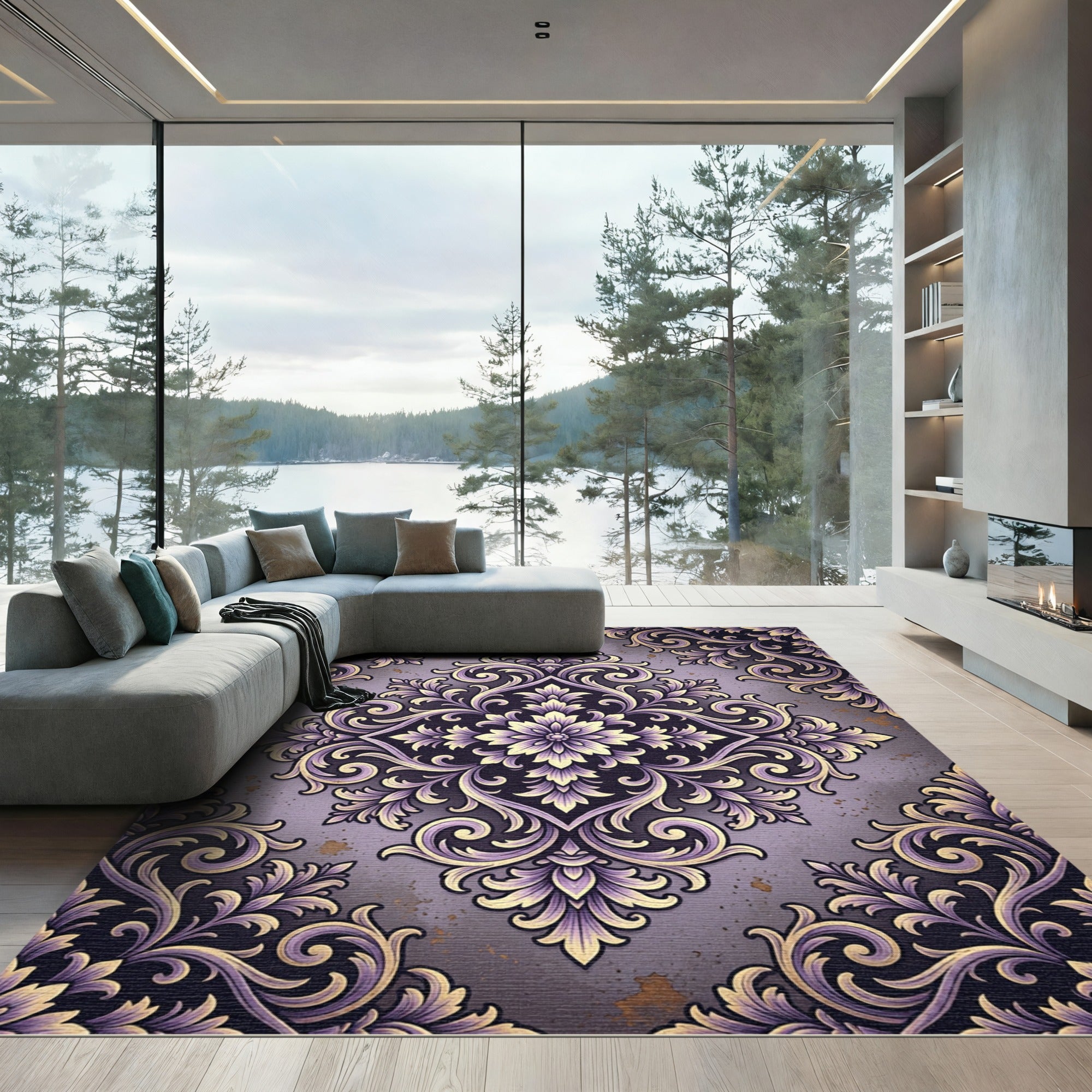 Elegant Violet Gold Floral Damask Rug