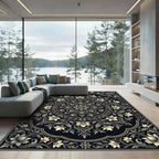 Cream Floral Scrollwork Black Rug