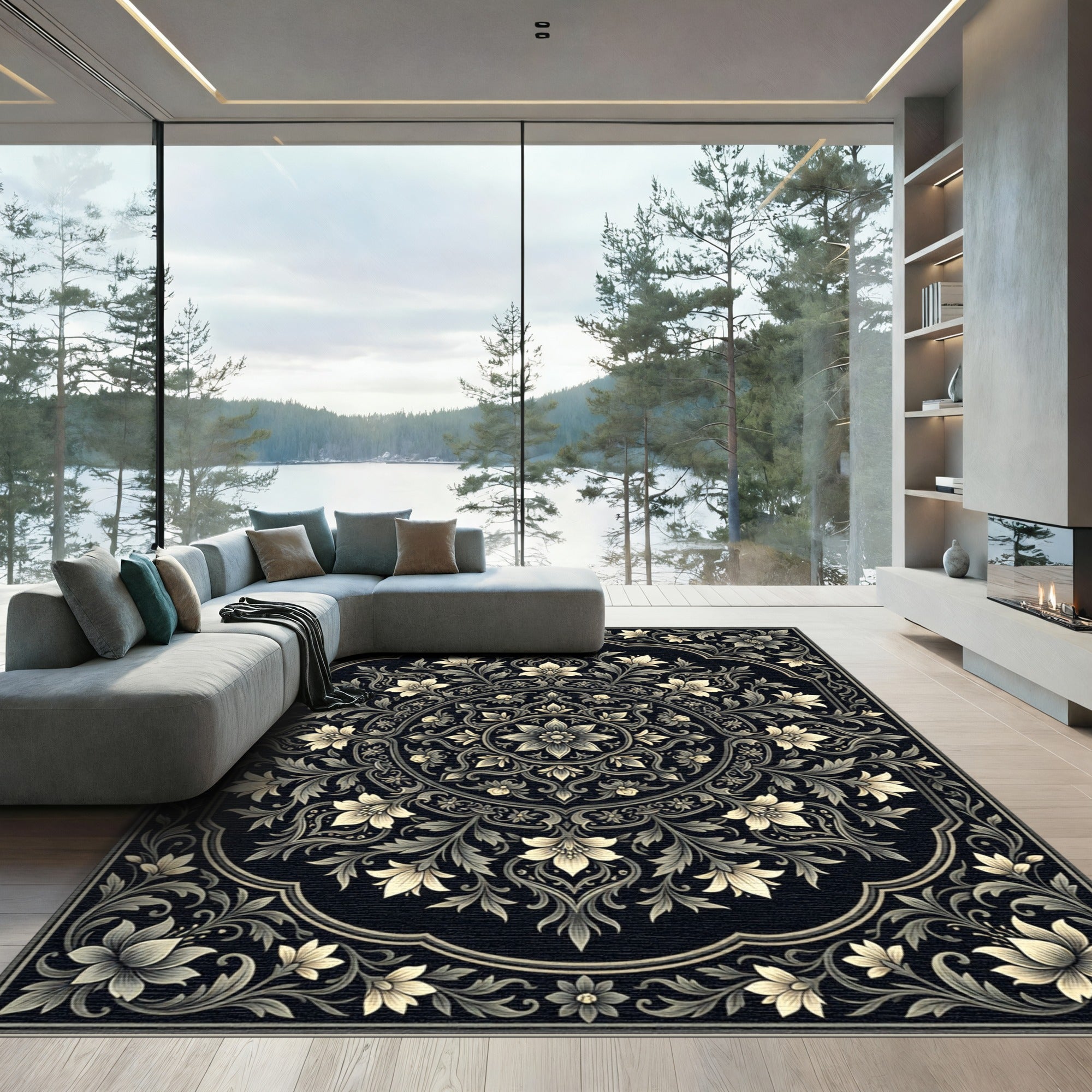 Cream Floral Scrollwork Black Rug