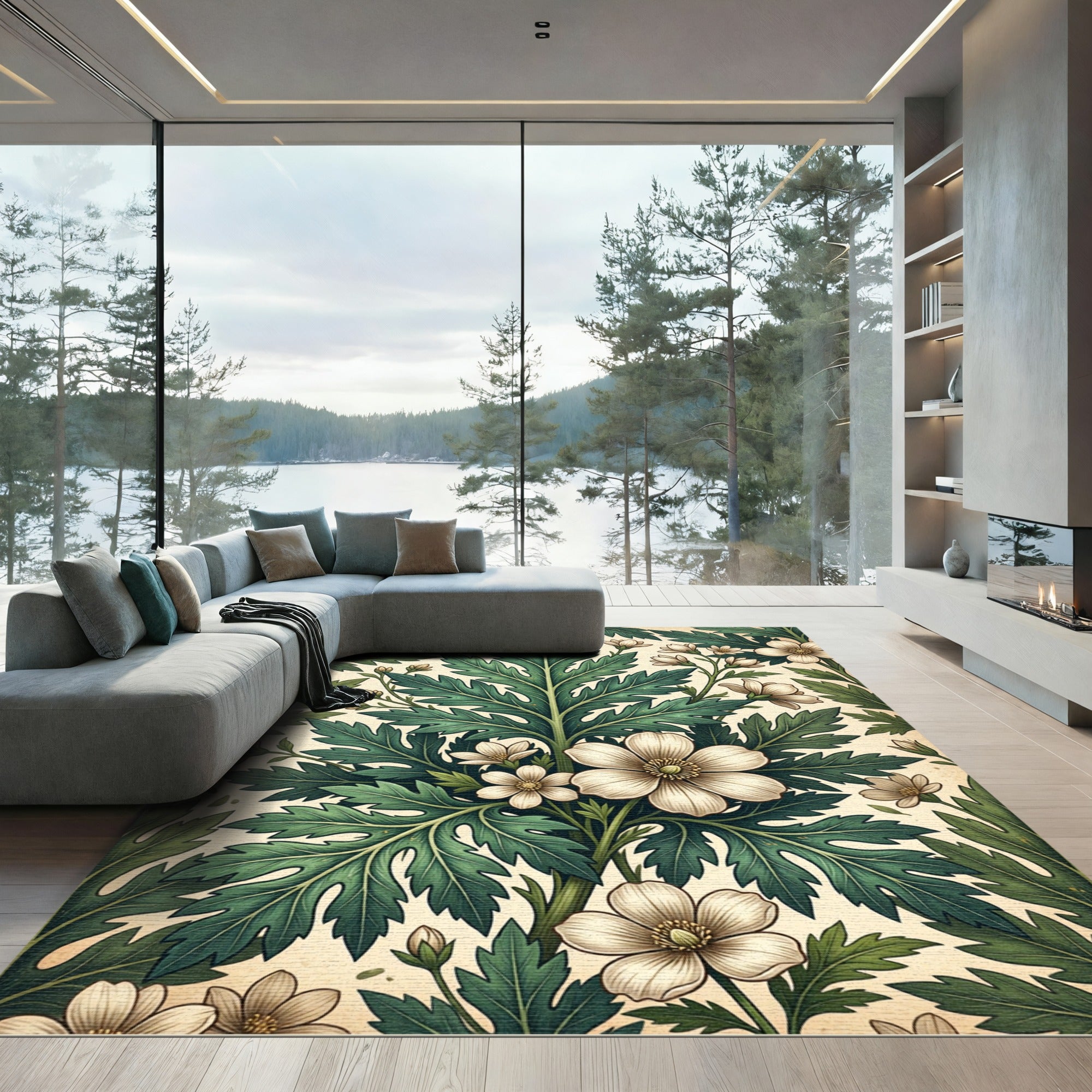 Vintage Sage Leaf and White Blossom Rug