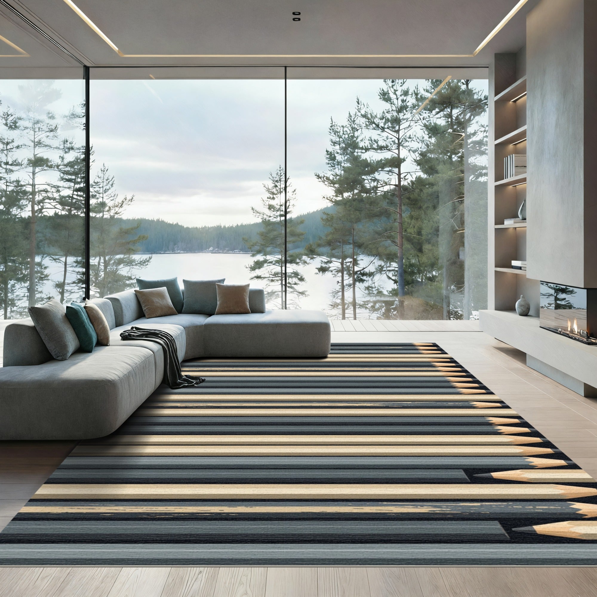 Minimalist Graphite and Cream Striped Rug