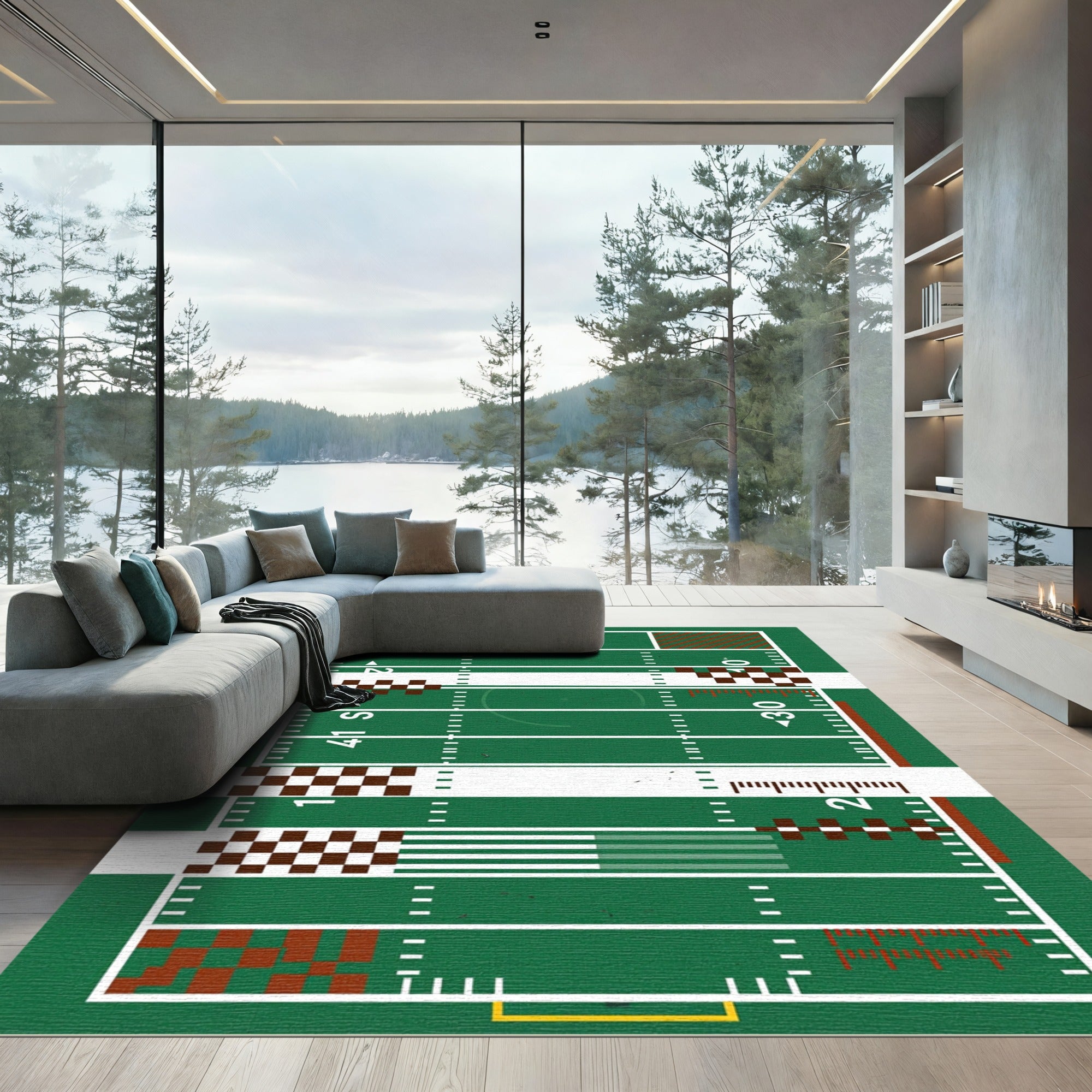 Emerald Field Grid Athletic Stadium Rug