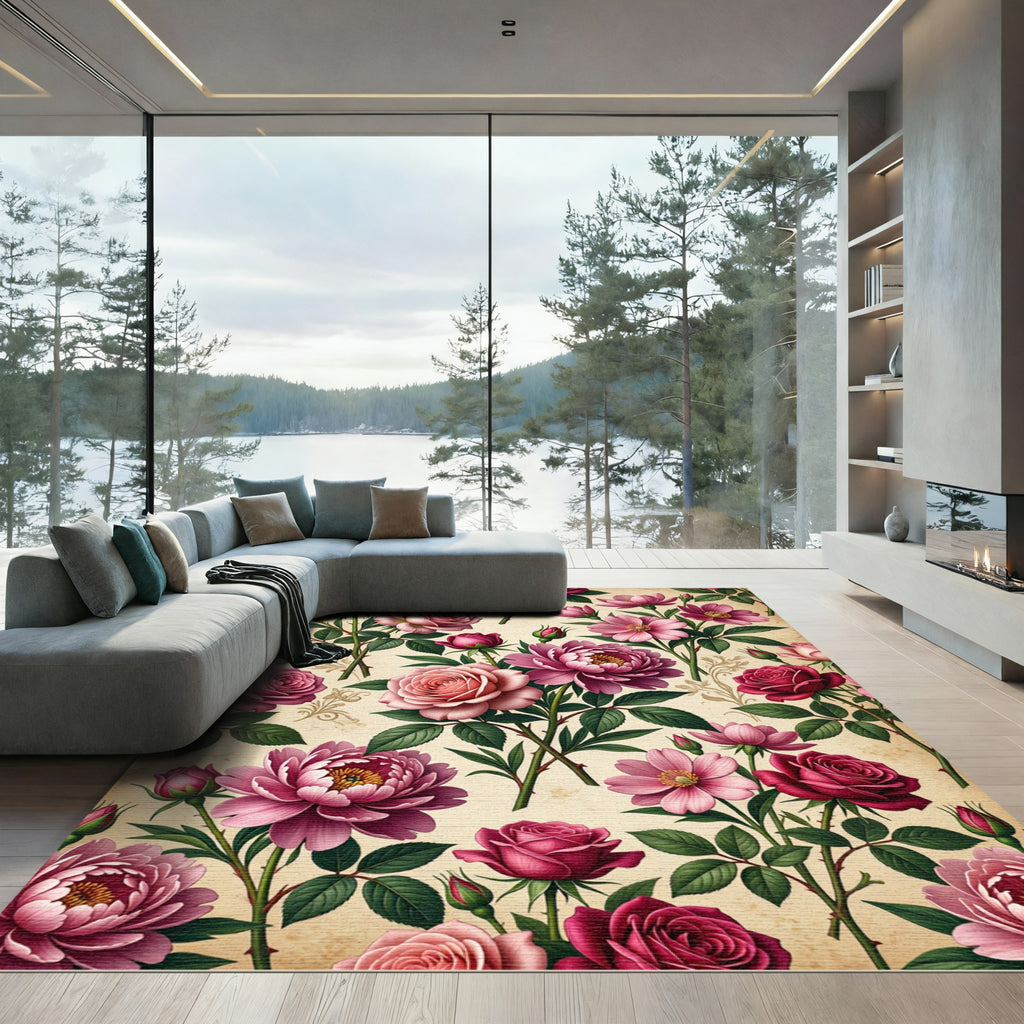Vintage Romantic Pink Rose Floral Garden Rug