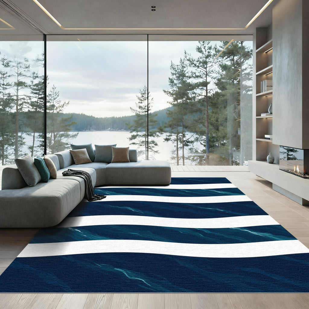 Deep Blue Wavy Ocean Striped Rug