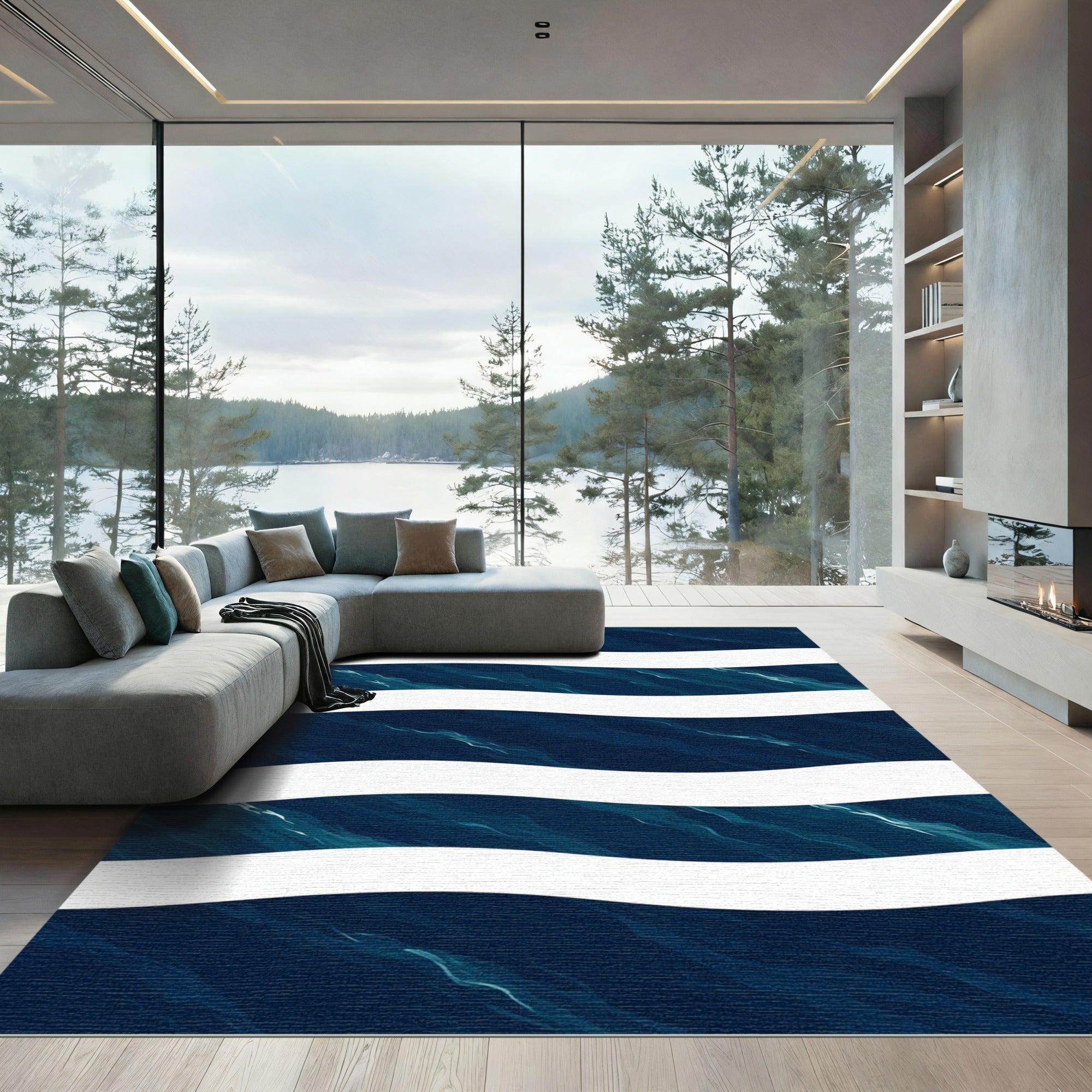 Deep Blue Wavy Ocean Striped Rug