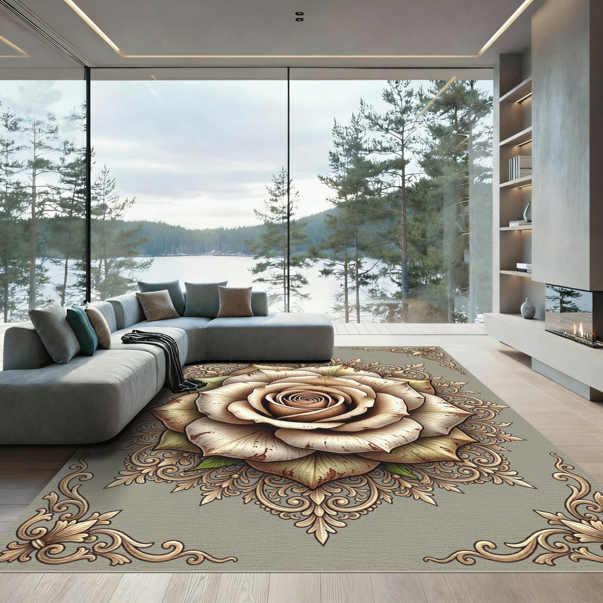 Vintage Beige Rose Floral Ornate Medallion Rug