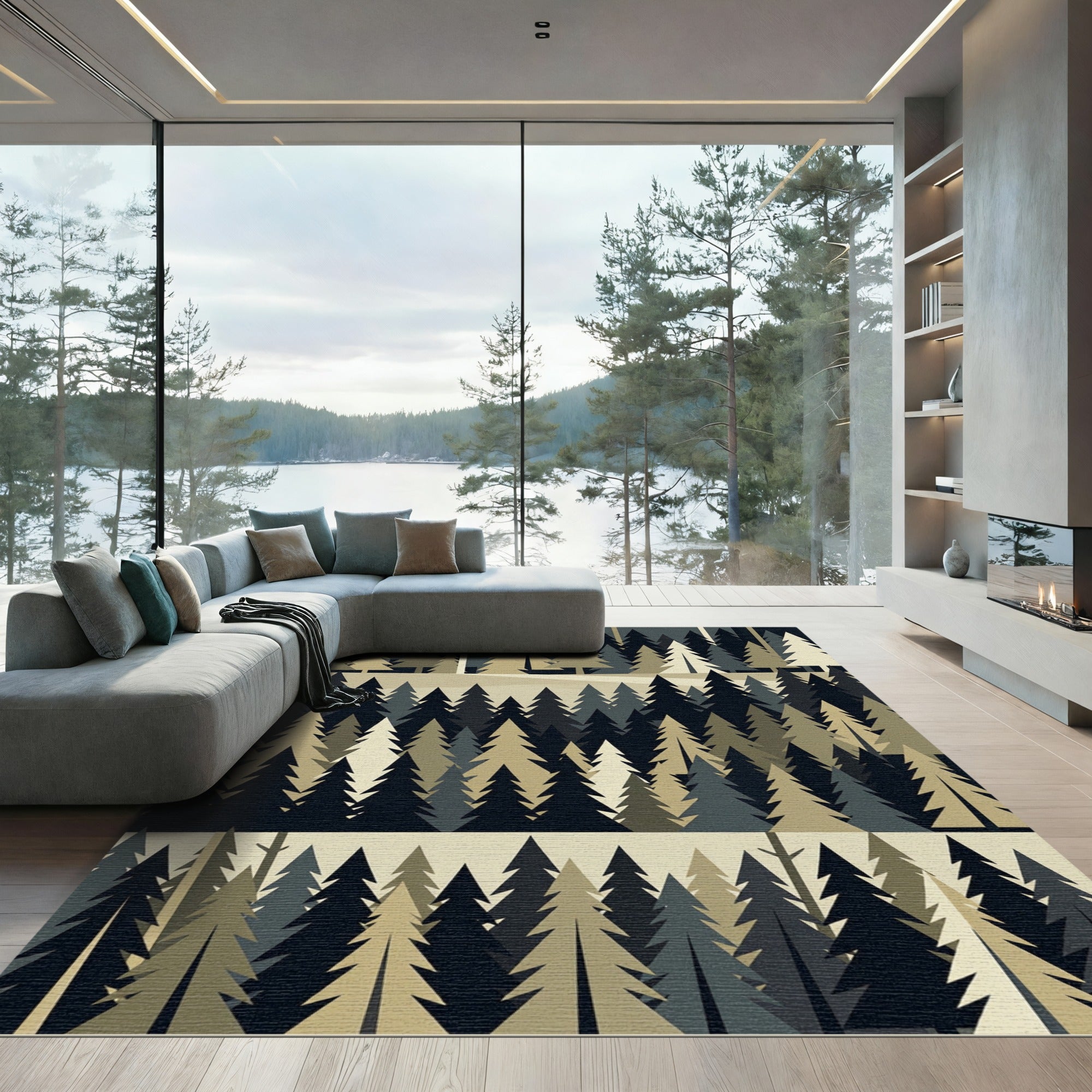 Minimalist Forest Pine Woodland Landscape Rug