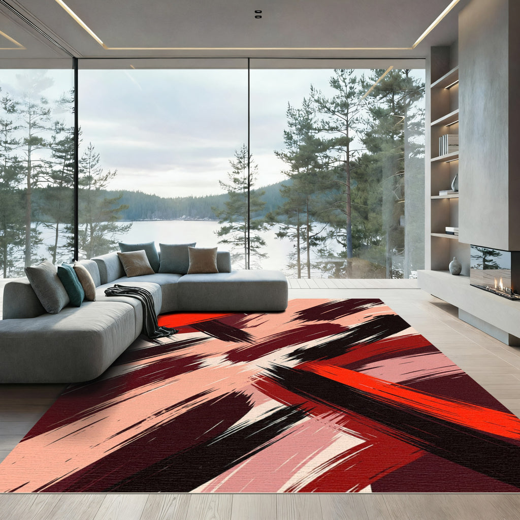 Bold Crimson Brushstrokes Abstract Rug