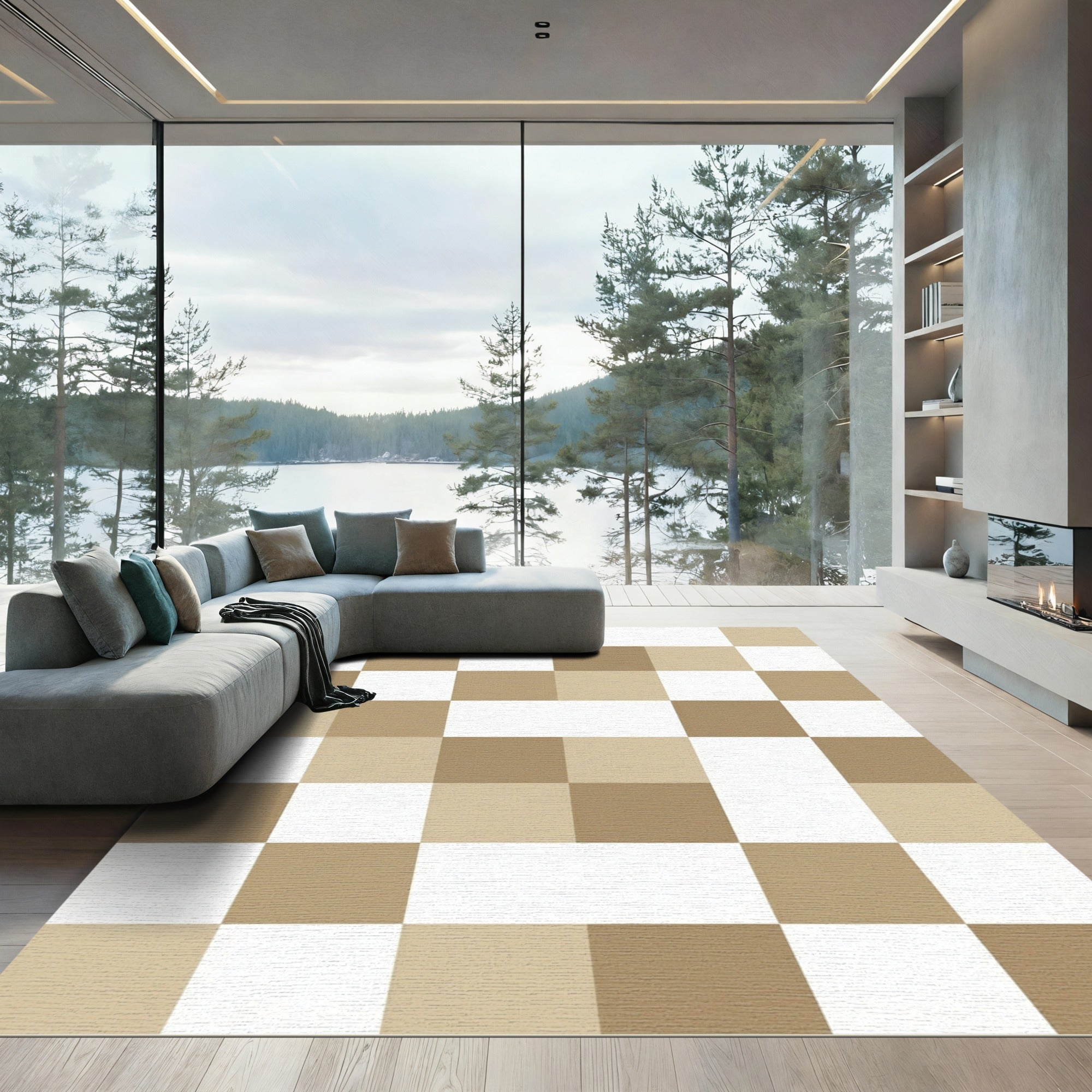 Neutral Toned Checkerboard Squares Rug