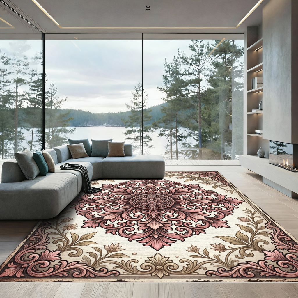 Dusty Rose Ornate Floral Medallion Rug
