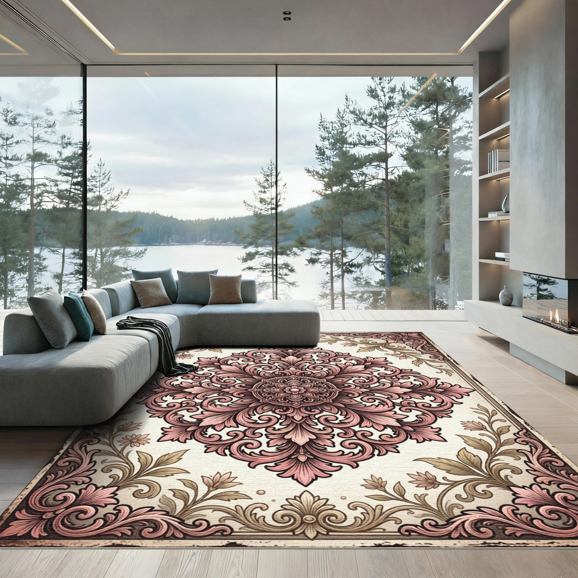 Dusty Rose Ornate Floral Medallion Rug